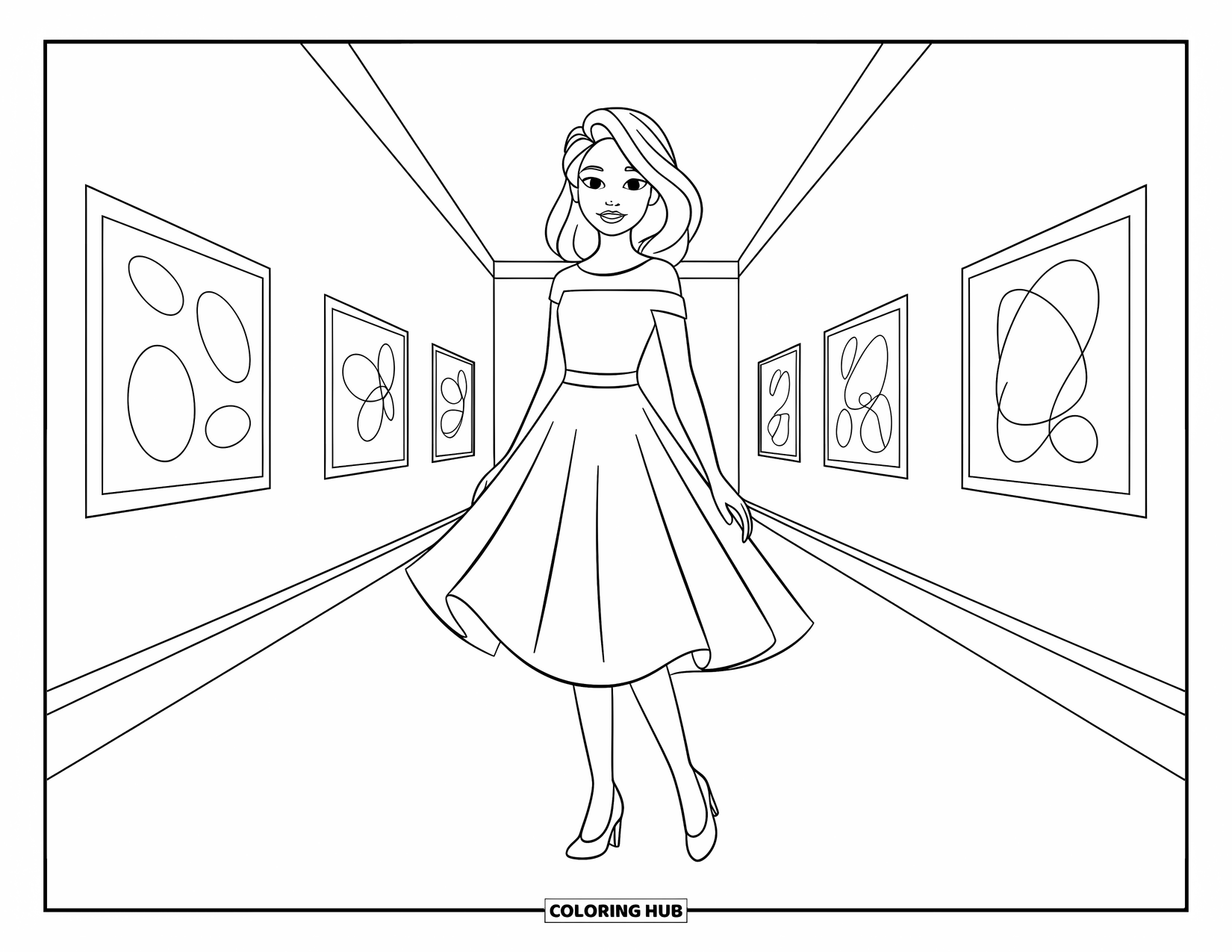 Kolorowanka z sukienką dla dzieci: Dziewczynka w sukience we wzory stoi w galerii sztuki z abstrakcyjną sztuką