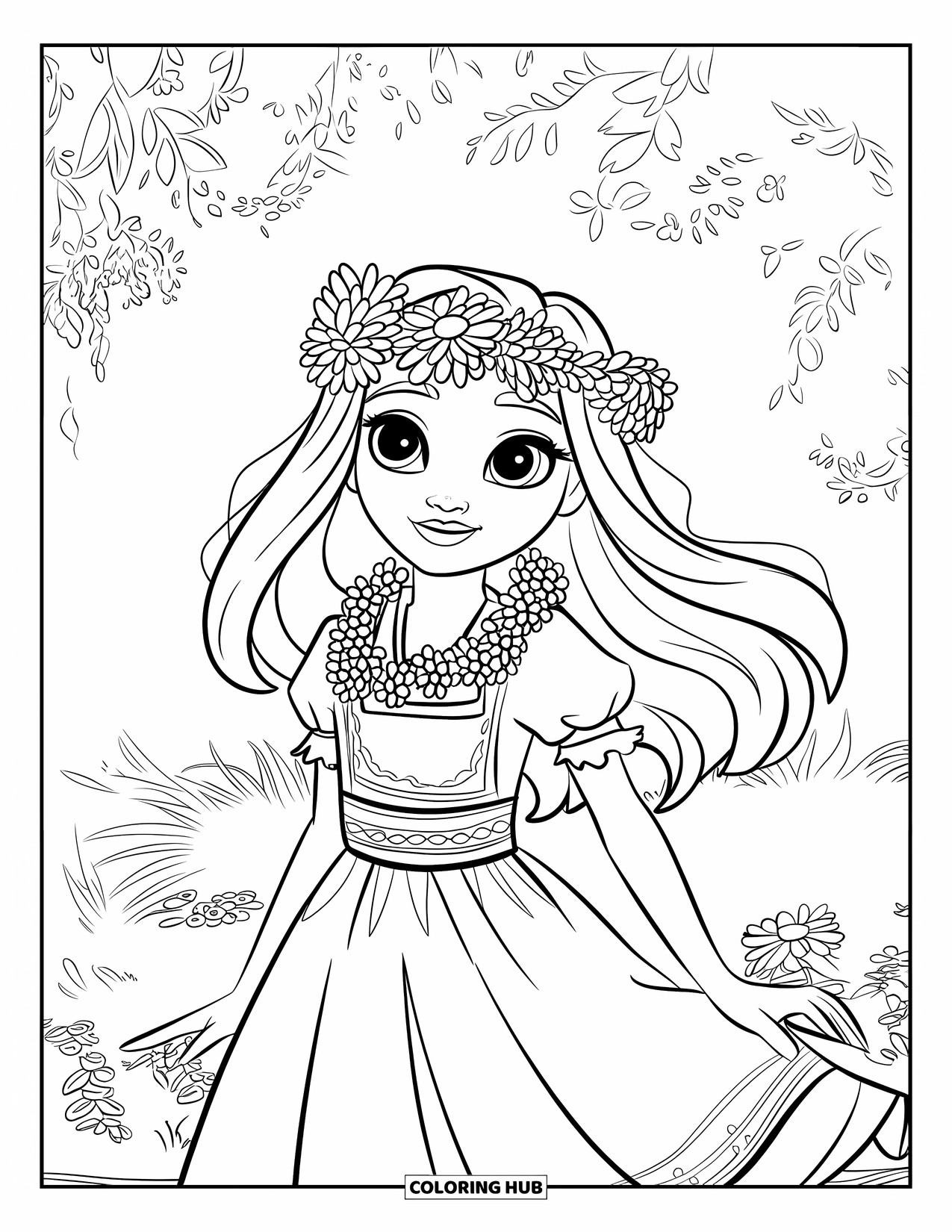 Kolorowanka z sukienką w stylu fashion dla dzieci: Dziewczynka w sukience festiwalowej i koronie stoi wśród kwiatów i drzew