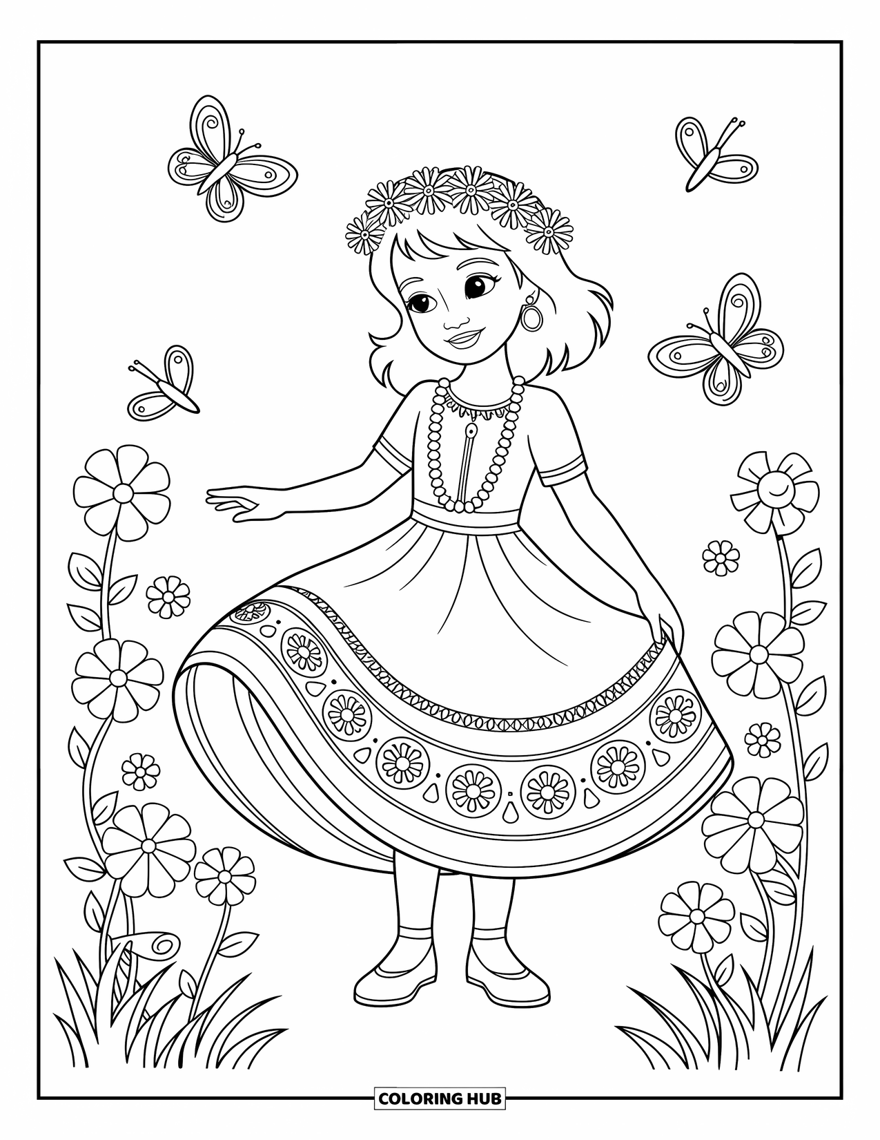 Kolorowanka z sukienką dla dzieci: Dziewczynka w festiwalowej sukience z wiankiem na głowie stoi z gracją w kwitnącym ogrodzie