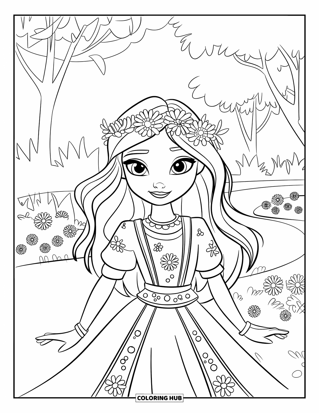 Kolorowanka z sukienką w stylu fashion dla dzieci: Dziewczynka w sukience festiwalowej z wiankiem z kwiatów stoi w ogrodzie