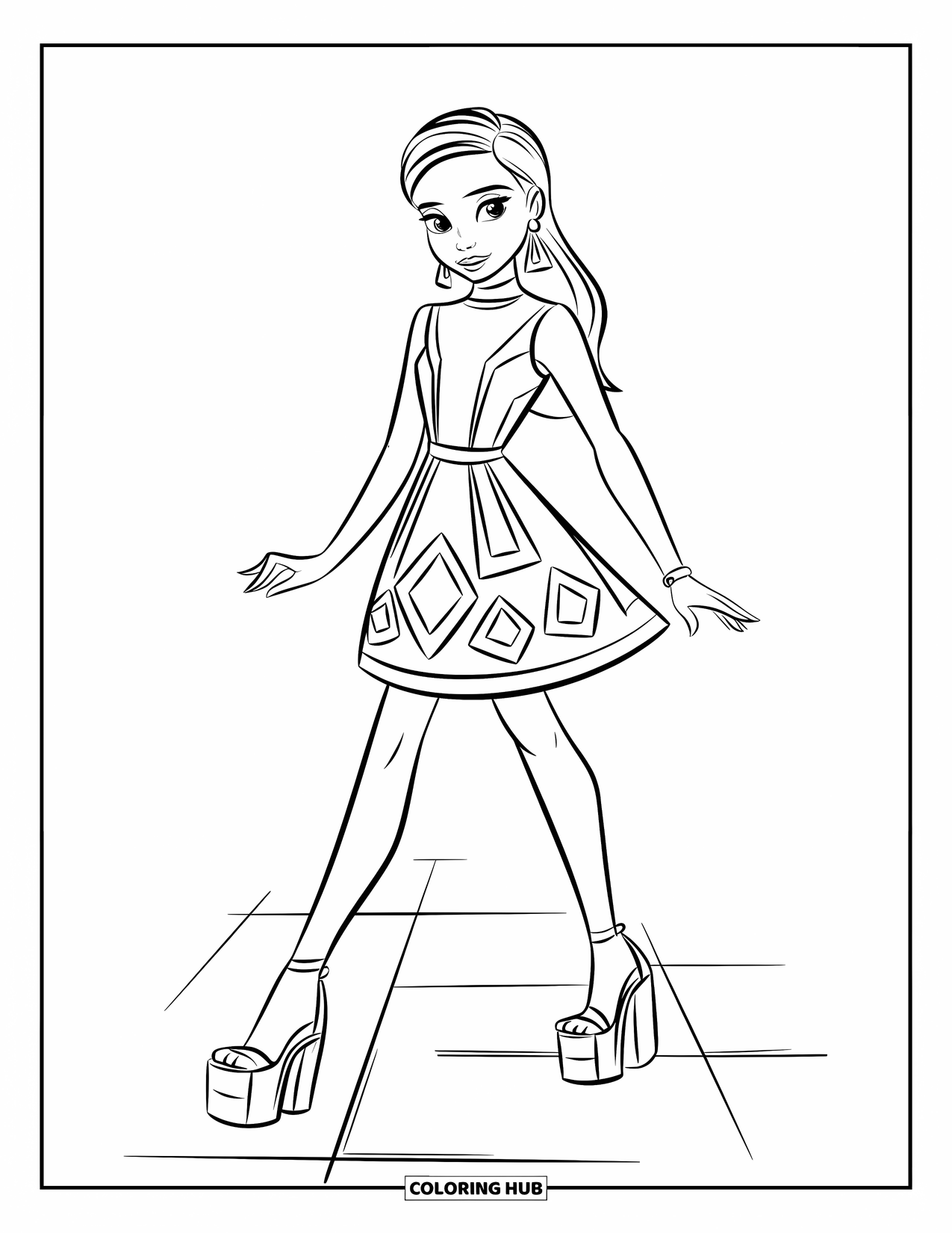 Kolorowanka z sukienką w stylu fashion dla dzieci: Dziewczynka w dopasowanej sukience z wycięciami stoi na kafelkowej podłodze
