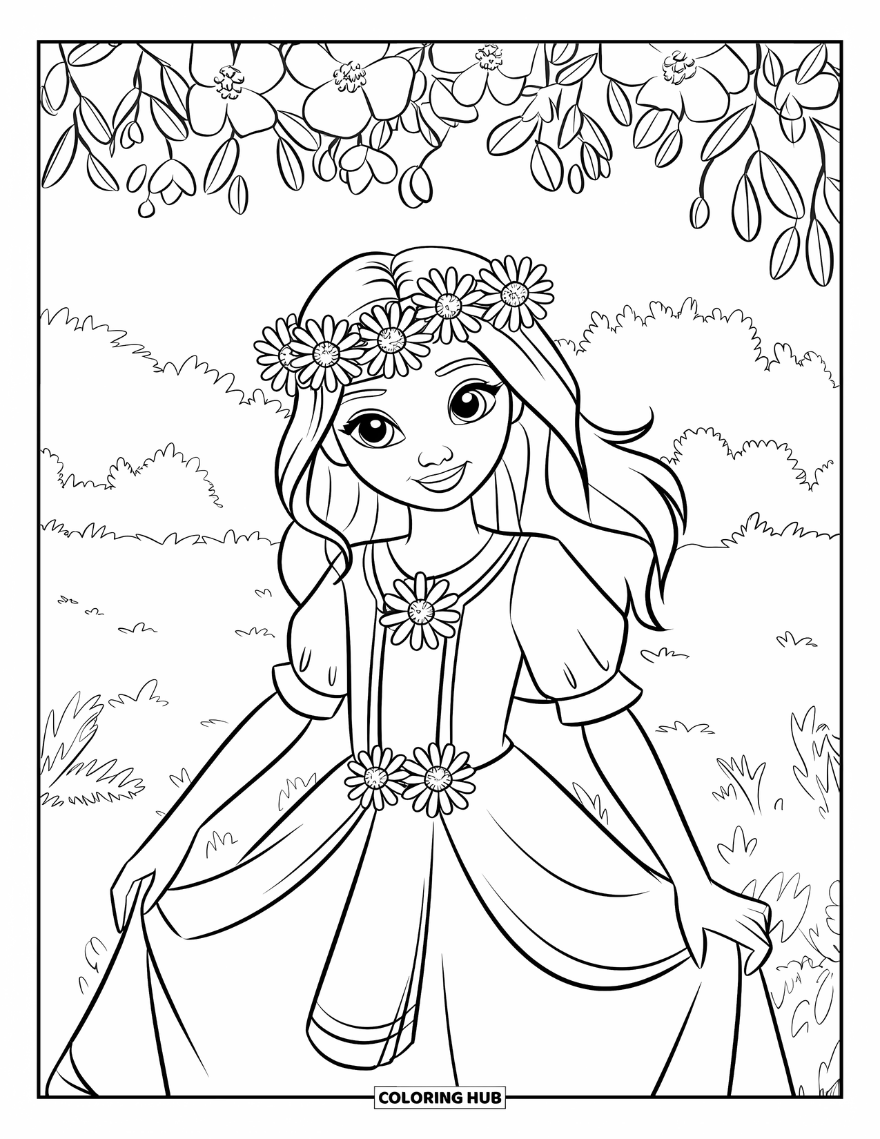 Kolorowanka z sukienką w stylu fashion dla dzieci: Dziewczynka w kwiecistej sukience i koronie stoi w ogrodzie pełnym kwiatów