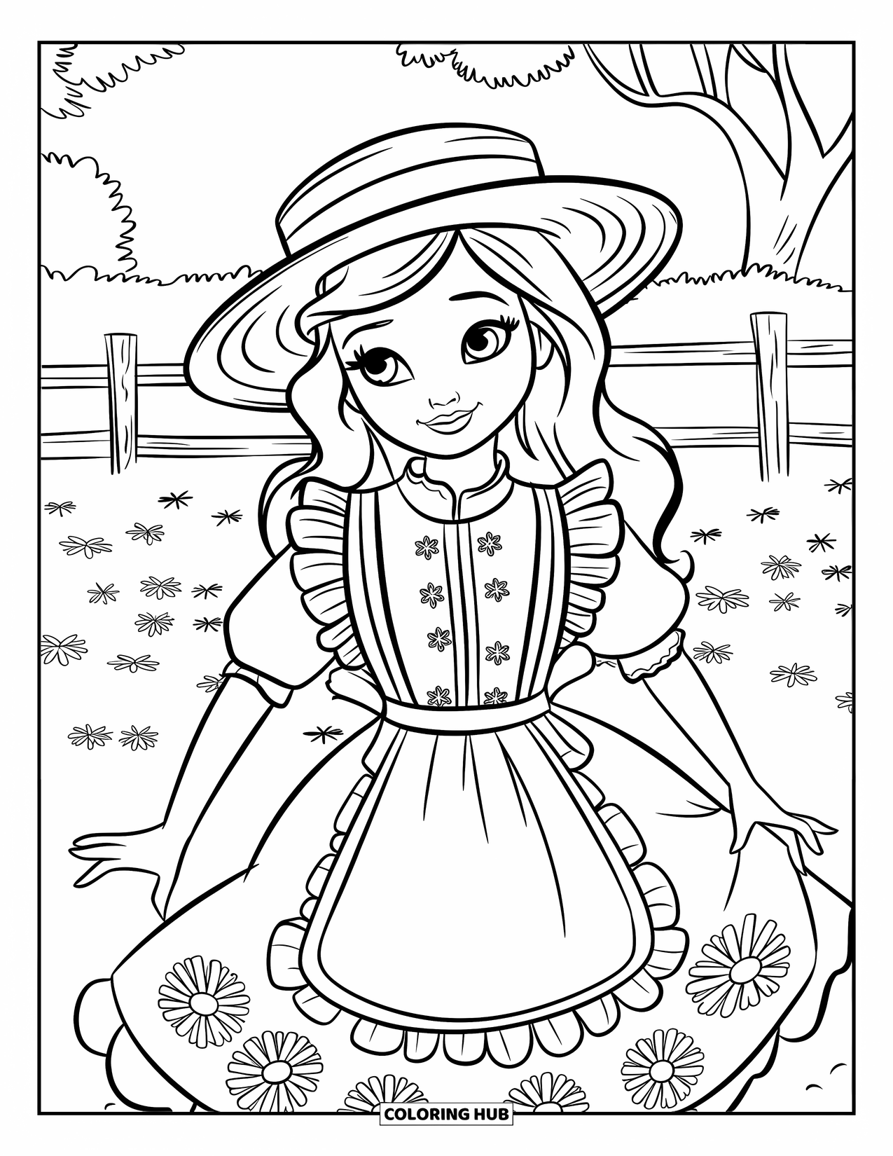 Kolorowanka z sukienką dla dzieci: Dziewczynka w kwiatowej sukience i słomkowym kapeluszu stoi na polu obok rustykalnego płotu