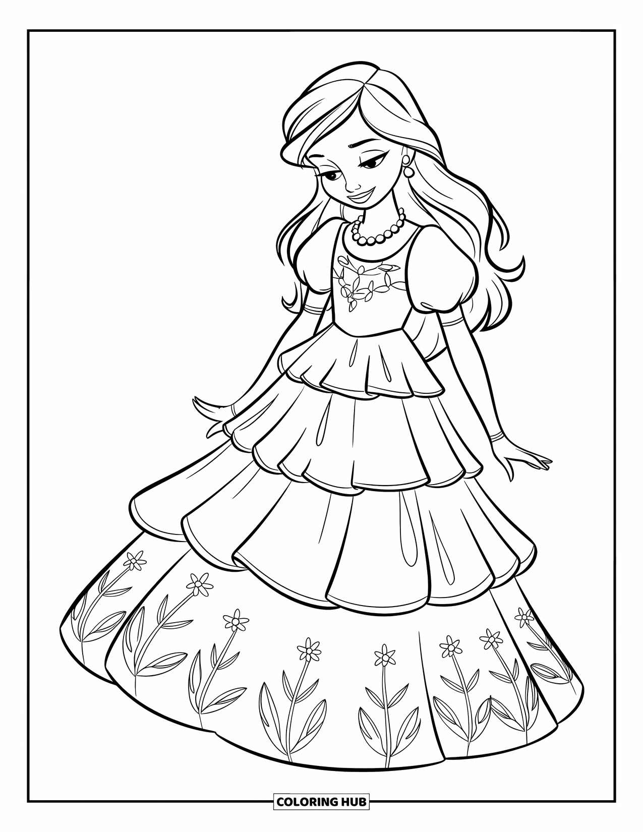 Kolorowanka z sukienką dla dzieci: Dziewczynka w kwiatowej sukience z bufiastymi rękawami stoi uśmiechnięta