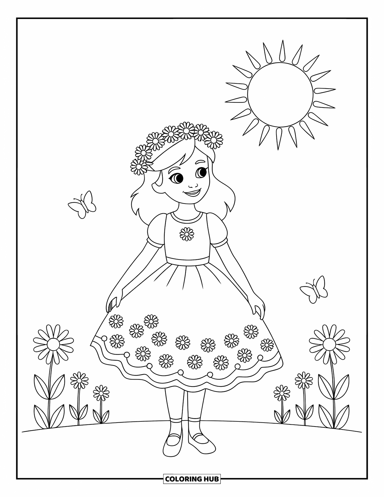 Kolorowanka z sukienką w stylu fashion dla dzieci: Dziewczynka w kwiecistej sukience festiwalowej z koroną stoi w ogrodzie z motylami
