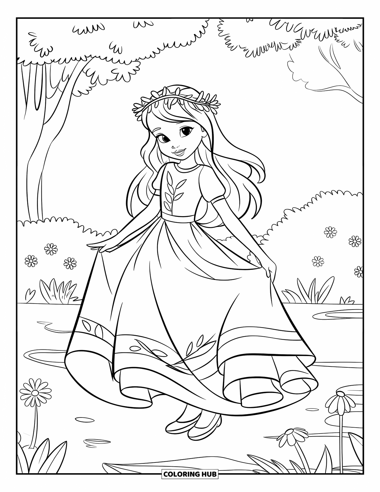 Kolorowanka z sukienką w stylu fashion dla dzieci: Dziewczynka w kwiecistej sukience festiwalowej z koroną stoi pod błękitnym niebem