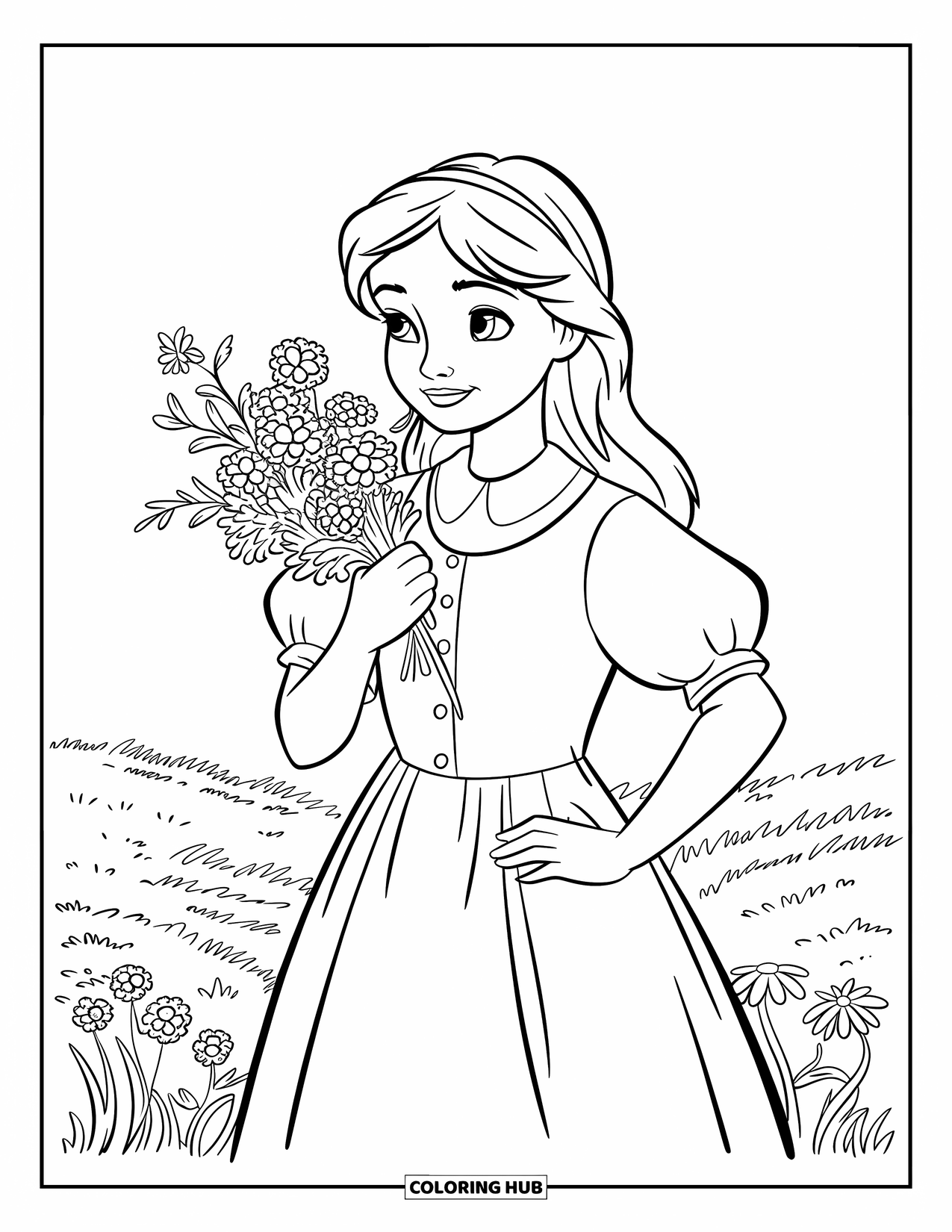 Kolorowanka z sukienką dla dzieci: Dziewczynka w kwiatowej sukience preriowej trzyma polne kwiaty obok pola z drzewami