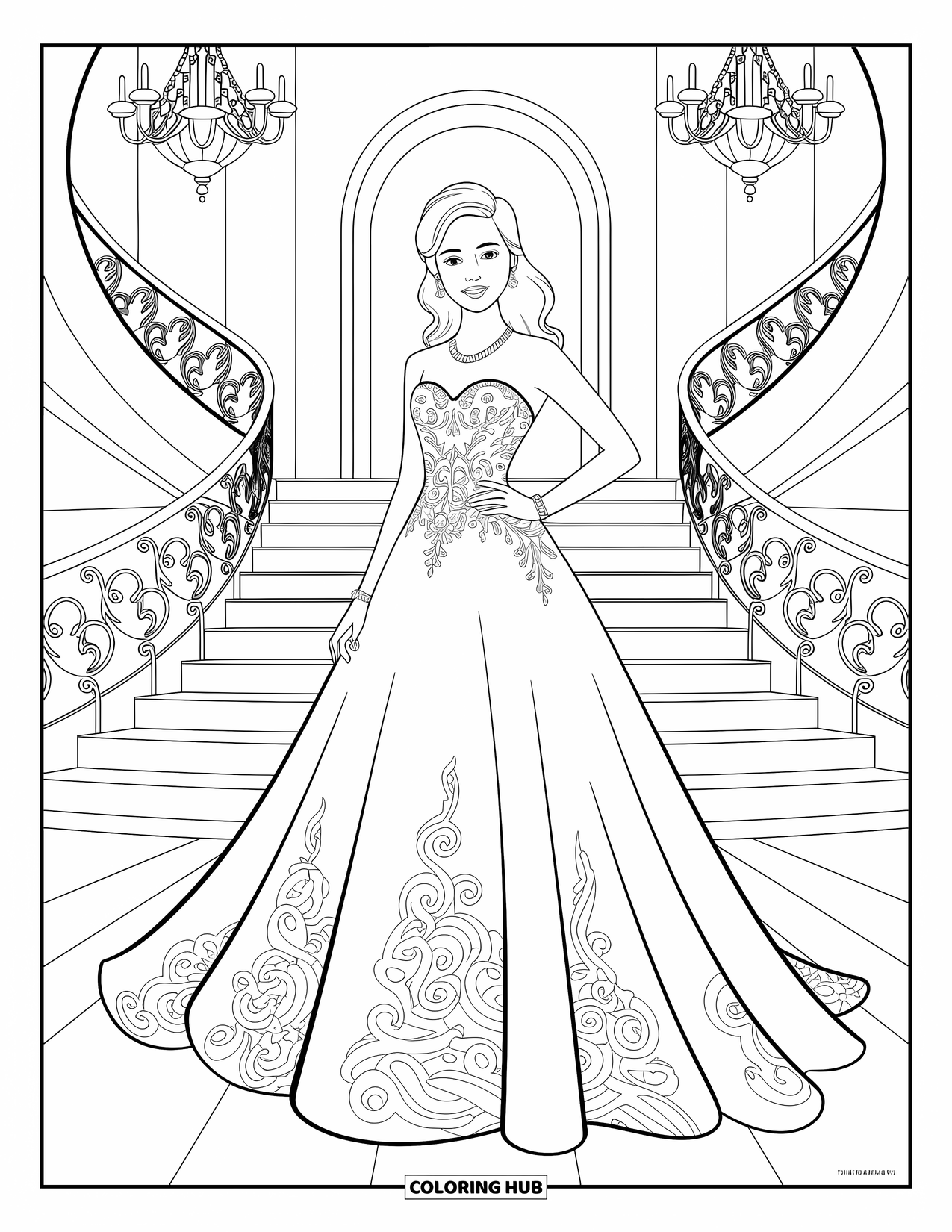 Kolorowanka z sukienką dla dzieci: Dziewczynka w powłóczystej sukni pozuje na balu maturalnym z okazałą klatką schodową w tle