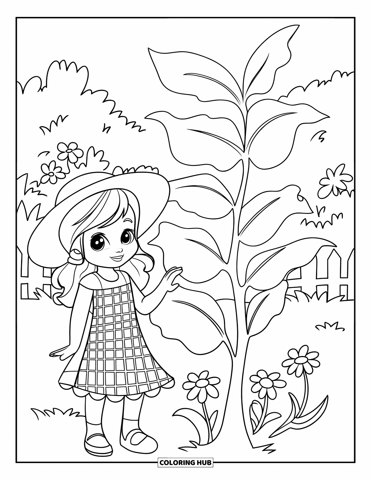 Kolorowanka z sukienką dla dzieci: Dziewczynka w sukience w kratkę i kapeluszu przeciwsłonecznym stoi obok kwiatów w ogrodzie