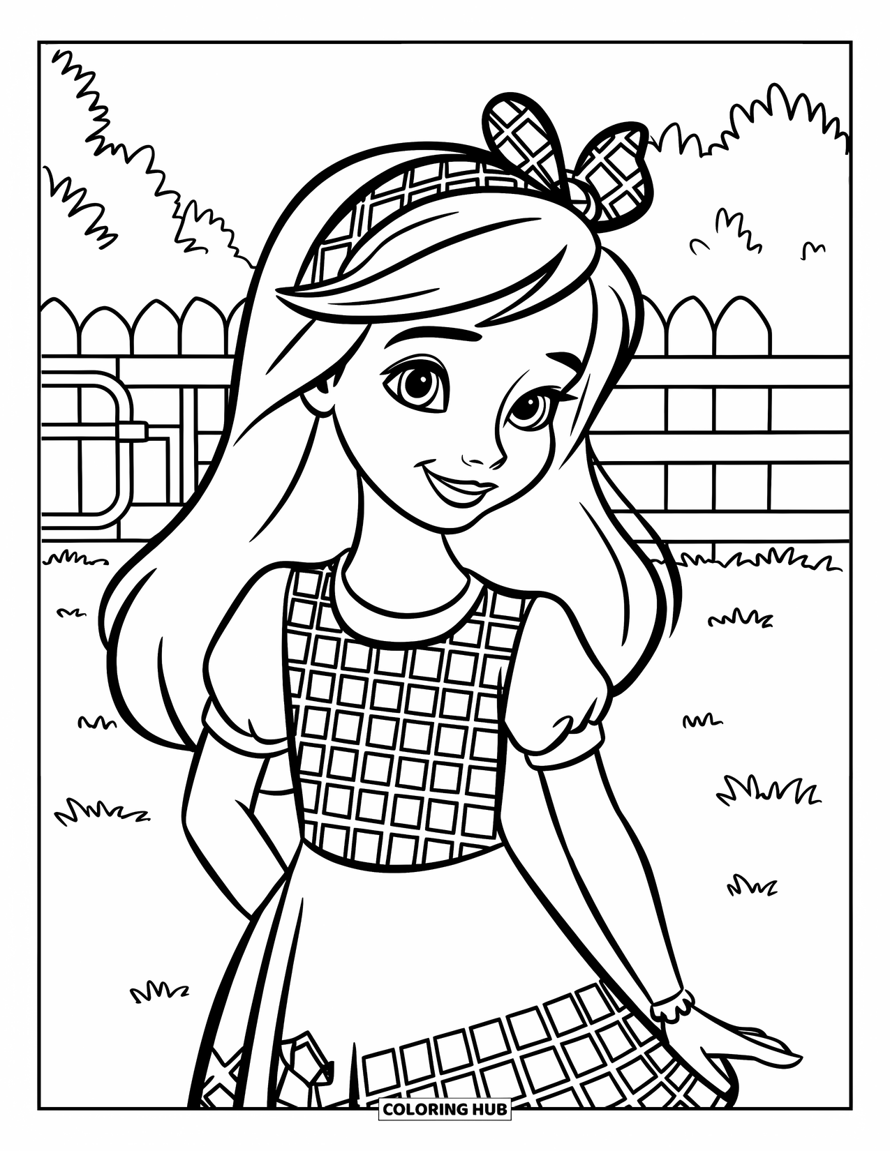 Kolorowanka z sukienką w stylu fashion dla dzieci: Dziewczynka w sukience w kratkę gingham z opaską stoi na trawie obok płotu