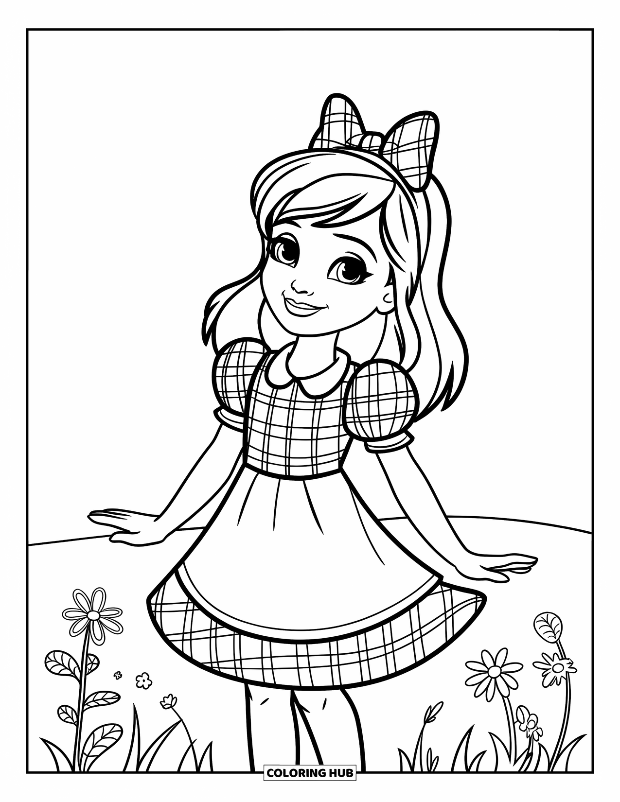 Kolorowanka z sukienką dla dzieci: Dziewczynka w sukience w kratkę z bufiastymi rękawami stoi na polu z kwiatami