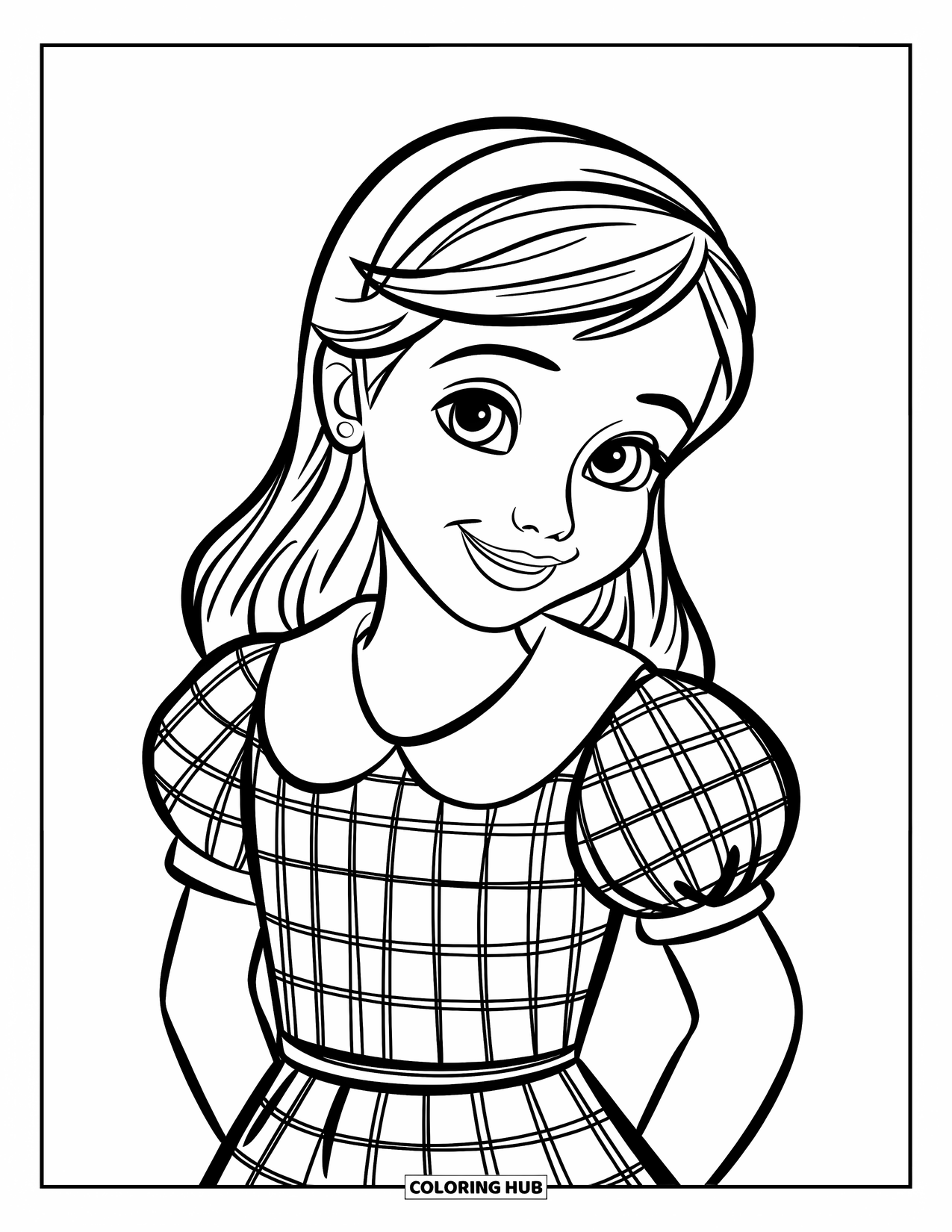 Kolorowanka z sukienką w stylu fashion dla dzieci: Dziewczynka w sukience w kratkę gingham z bufiastymi rękawami stoi pod niebem z chmurami