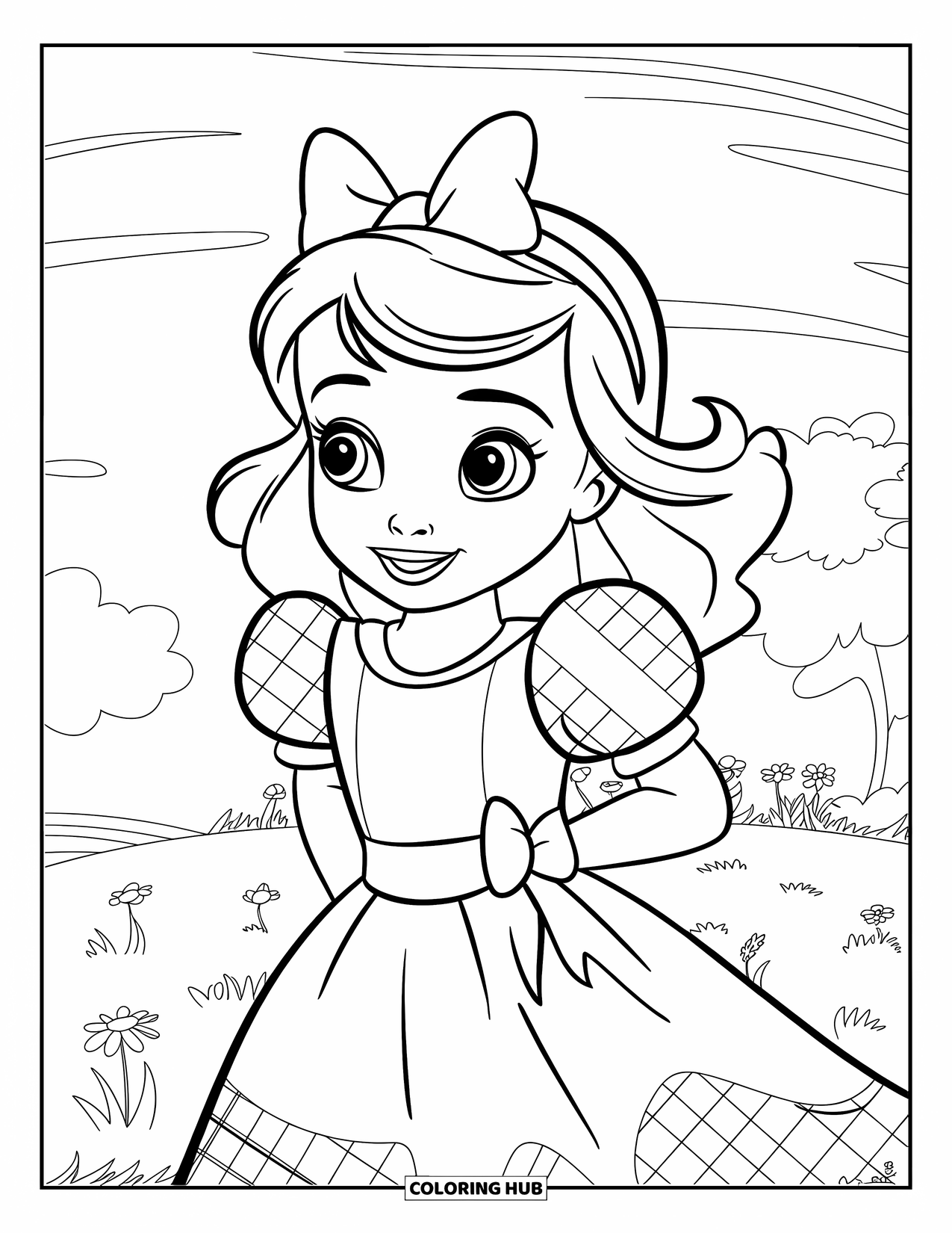 Kolorowanka z sukienką w stylu fashion dla dzieci: Dziewczynka w sukience w kratkę gingham z bufiastymi rękawami stoi na trawie z kwiatami