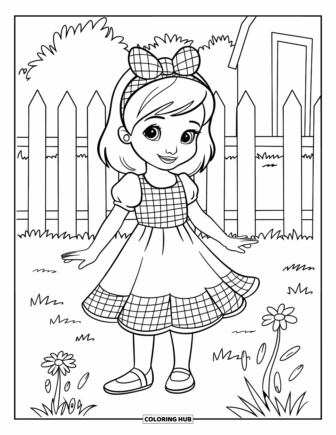 Kolorowanka z sukienką w stylu fashion dla dzieci: Dziewczynka w letniej sukience w kratkę gingham i opasce stoi na trawiastym polu