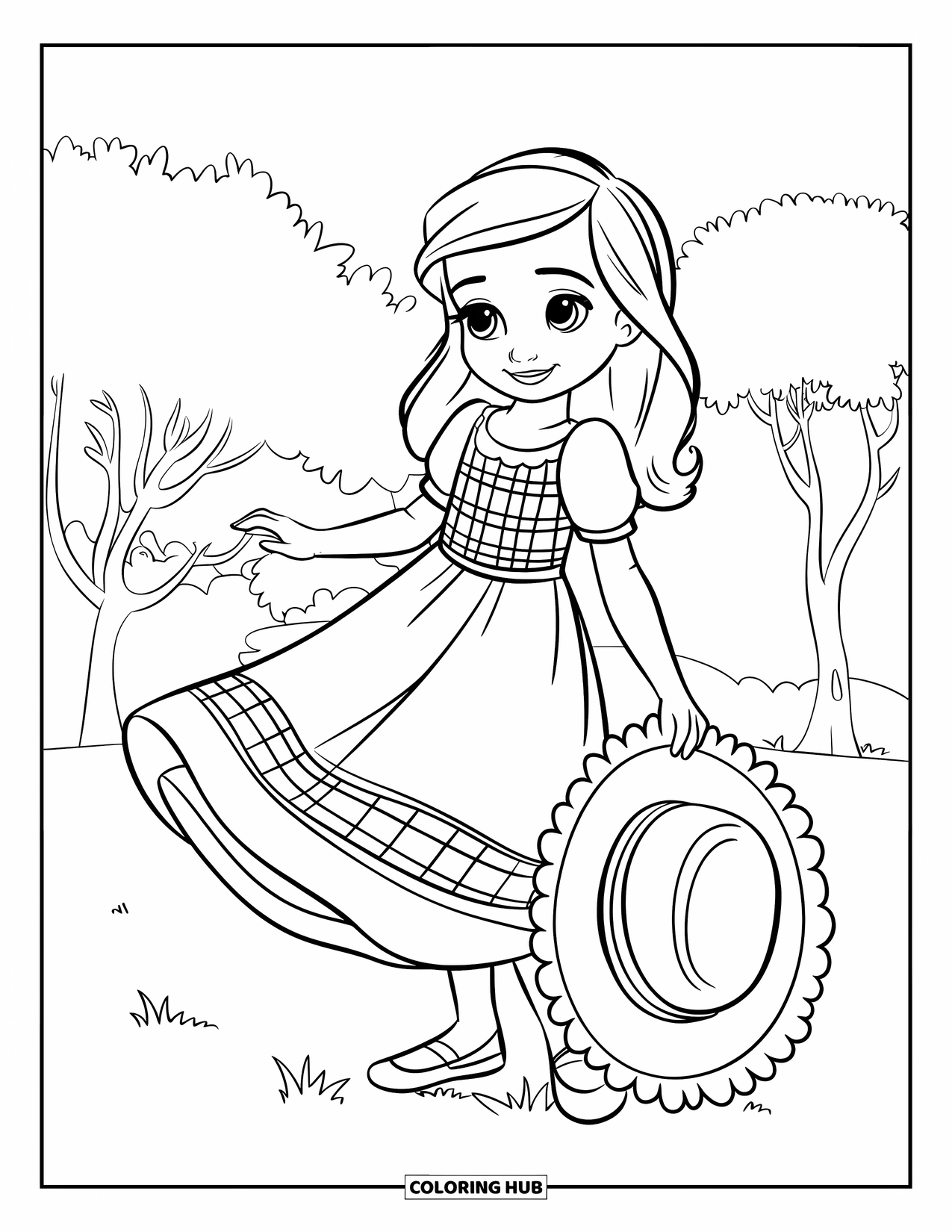 Kolorowanka z sukienką dla dzieci: Dziewczynka w sukience w kratkę i kapeluszu przeciwsłonecznym stoi na trawiastym polu