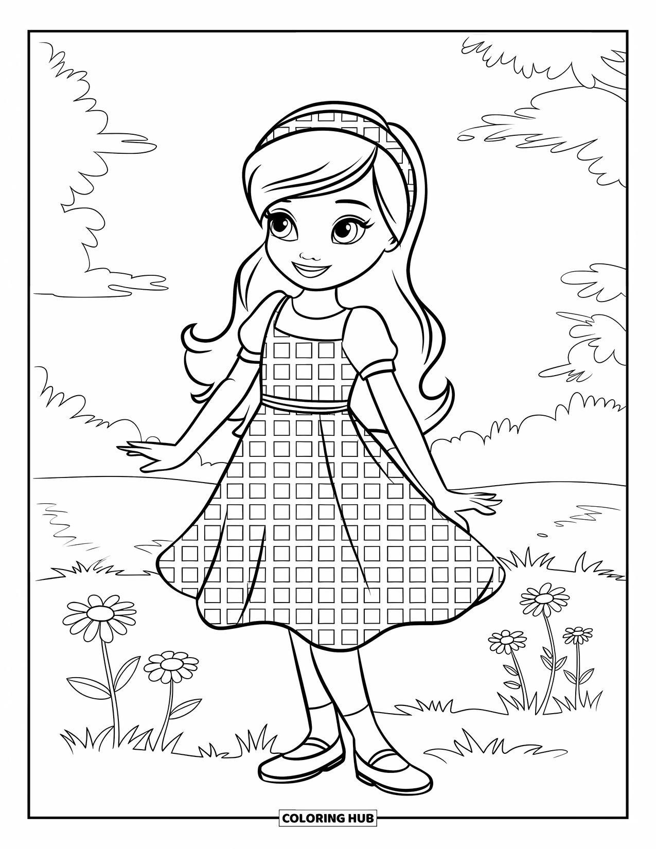 Kolorowanka z sukienką dla dzieci: Dziewczynka w sukience w kratkę stoi na trawie obok czerwonej stodoły i płotu