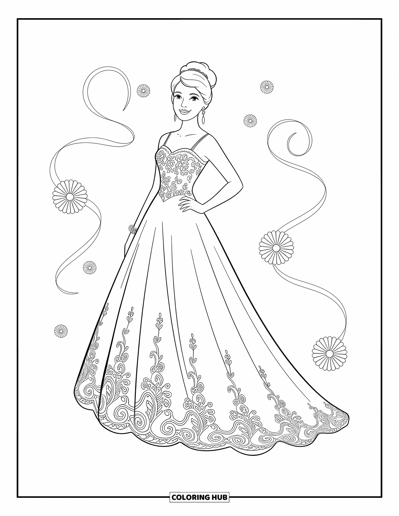 Kolorowanka z sukienką w stylu fashion dla dzieci: Dziewczynka w sukni stoi elegancko na balu maturalnym pod żyrandolami