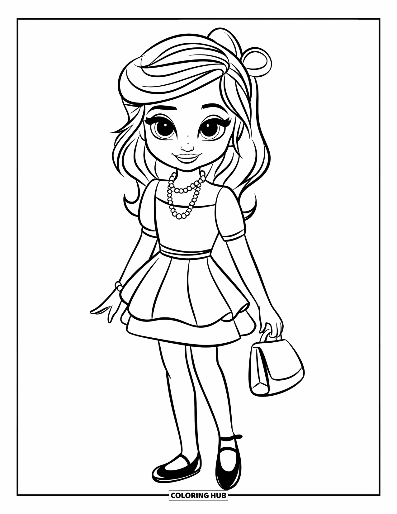 Kolorowanka z sukienką w stylu fashion dla dzieci: Dziewczynka w sukience z baskinką i naszyjnikiem z pereł trzyma z gracją torebkę