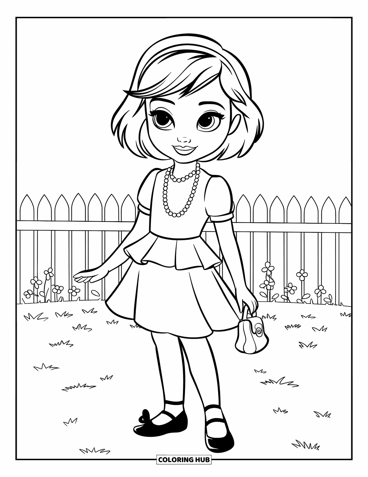Kolorowanka z sukienką dla dzieci: Dziewczynka w sukience z baskinką i perłami stoi na trawie obok białego płotu sztachetowego