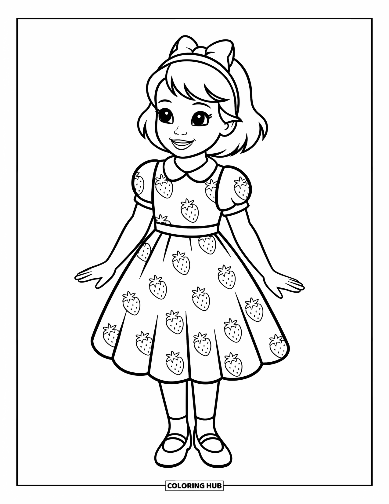 Kolorowanka z sukienką dla dzieci: Dziewczynka w sukience typu pinafore w truskawkowe wzory stoi radośnie na białym tle