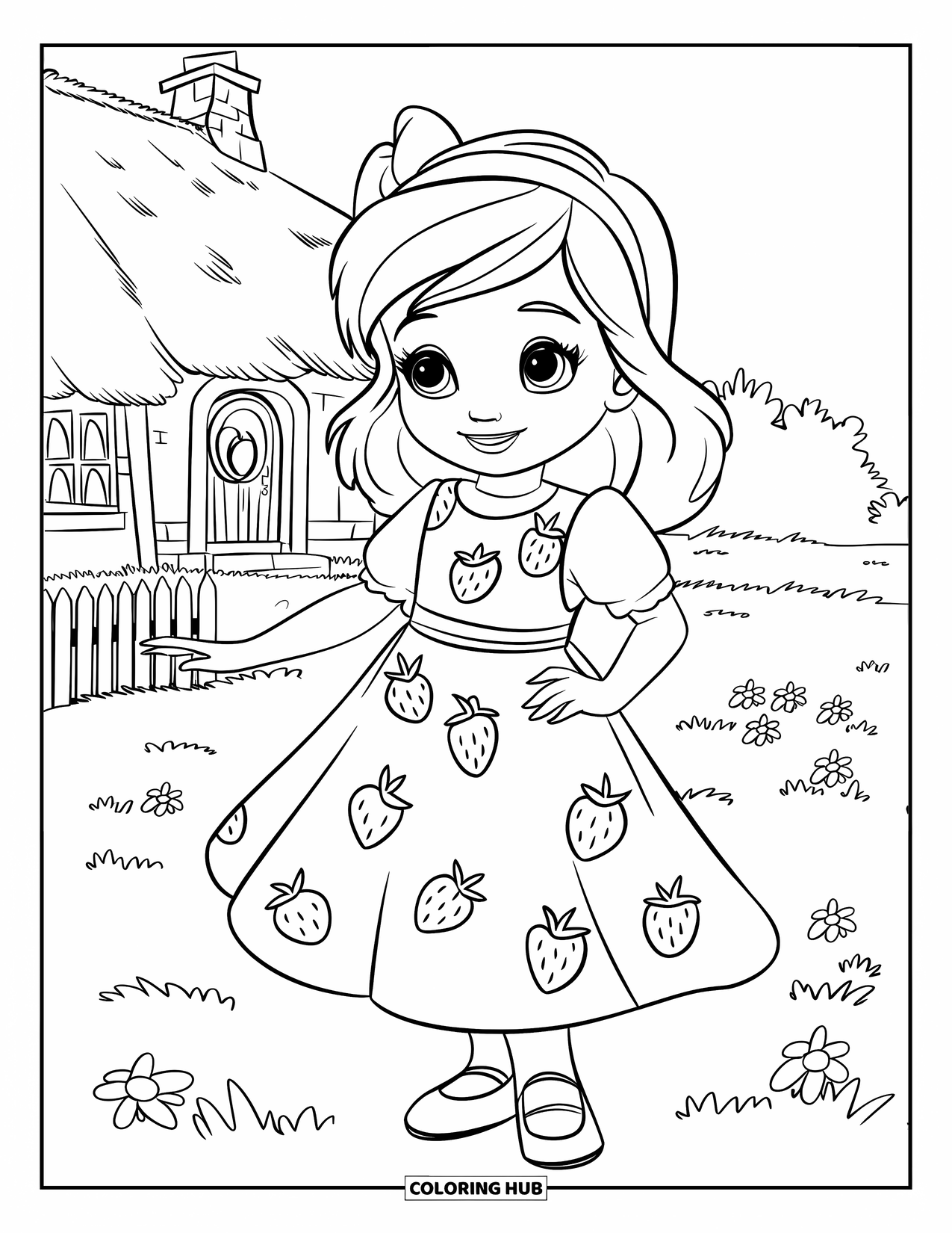 Kolorowanka z sukienką dla dzieci: Dziewczynka w sukience typu pinafore w truskawkowe wzory stoi na trawiastym polu