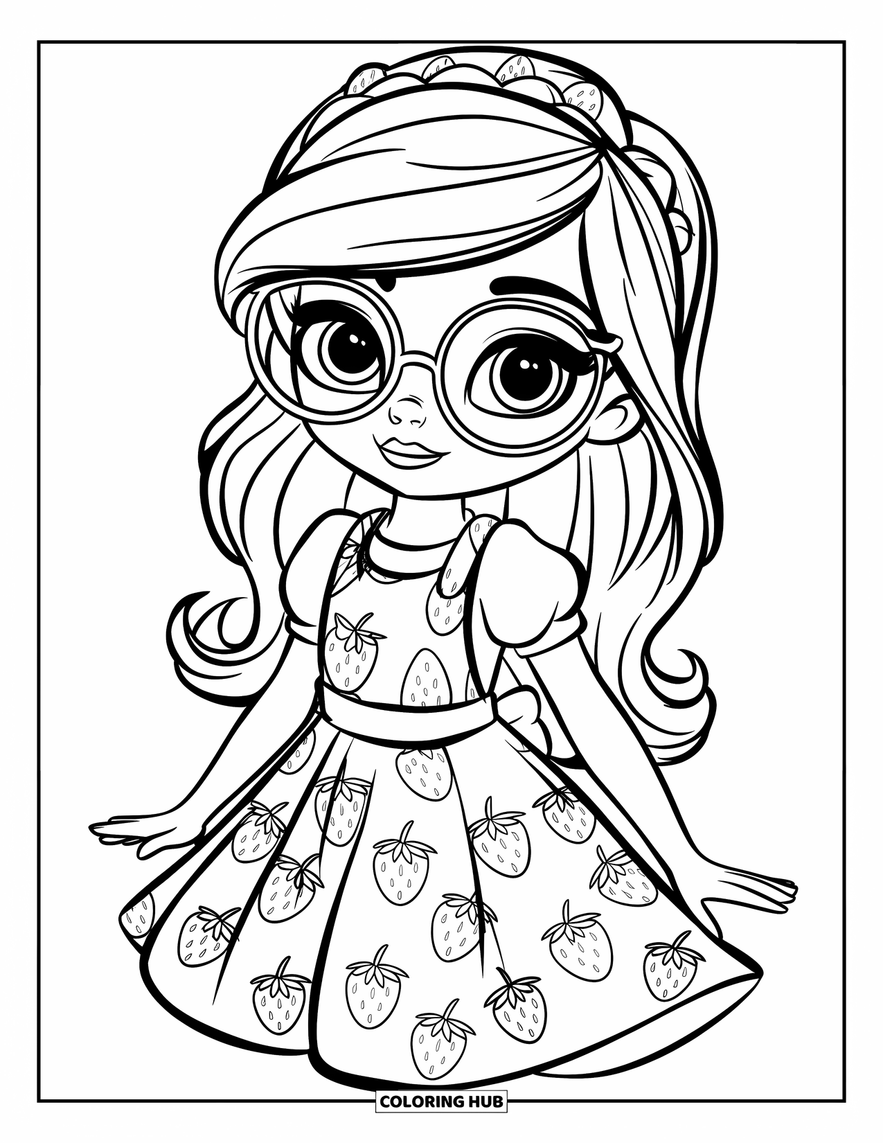 Kolorowanka z sukienką w stylu fashion dla dzieci: Dziewczynka w sukience z motywem truskawek stoi uśmiechnięta na trawiastym polu