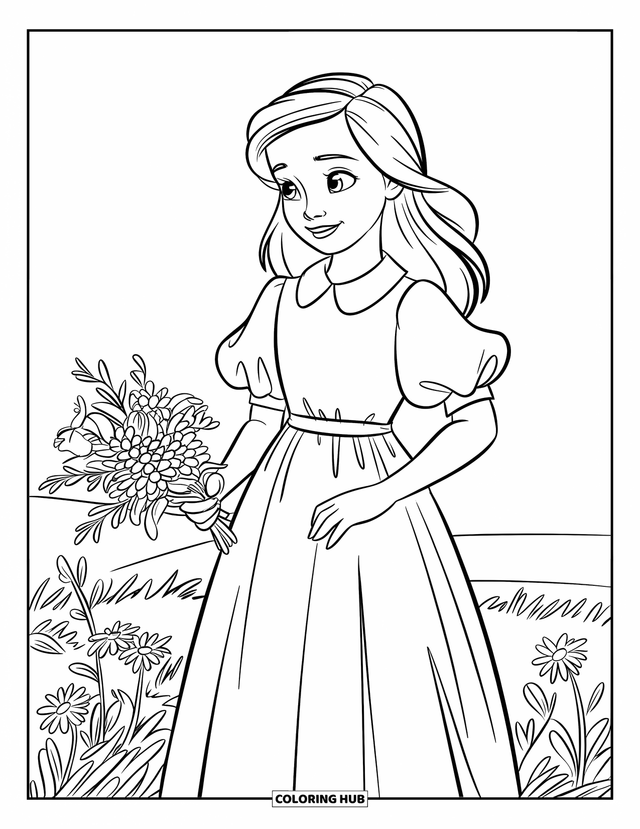 Kolorowanka z sukienką dla dzieci: Dziewczynka w sukience preriowej stoi na polu z polnymi kwiatami i wzgórzami