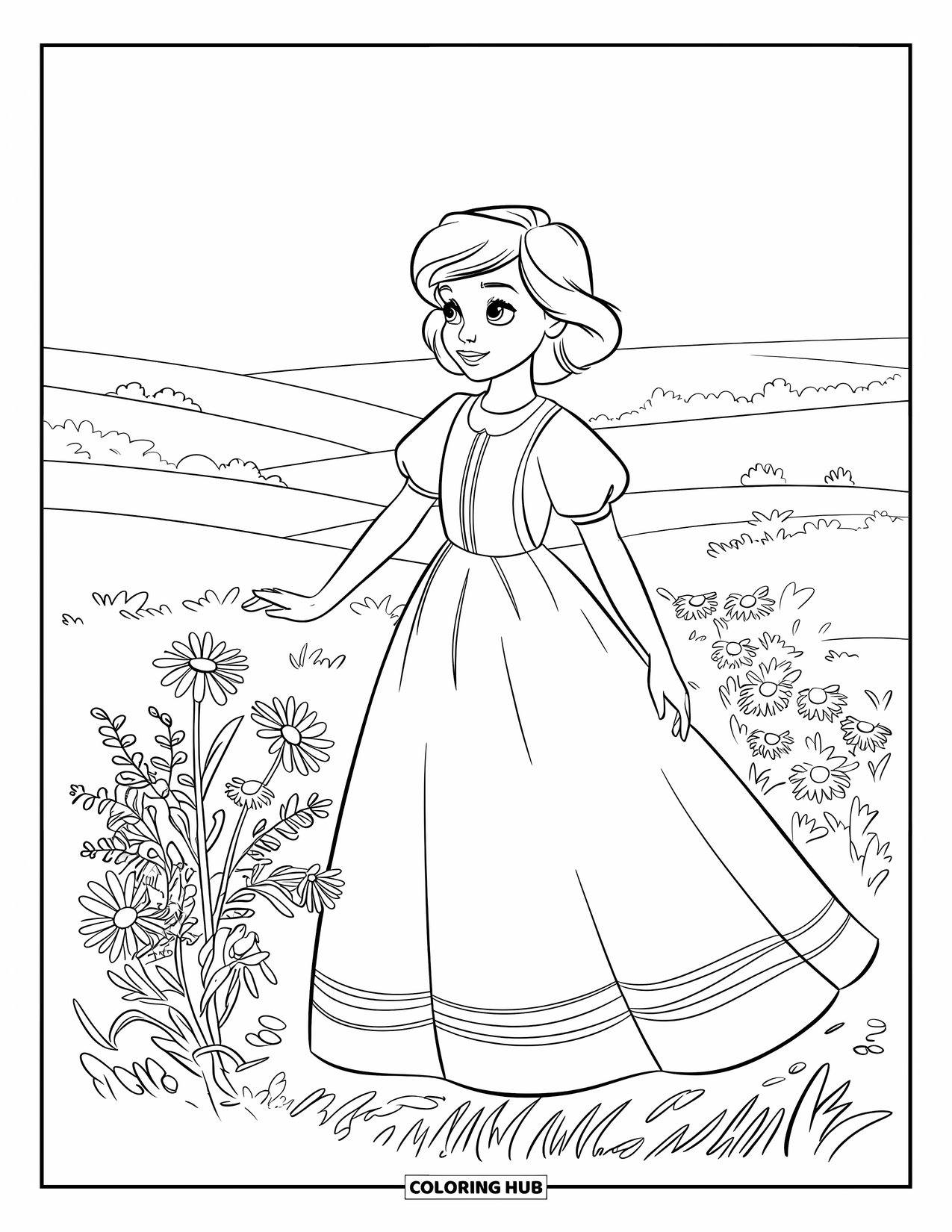 Kolorowanka z sukienką dla dzieci: Dziewczynka w sukience preriowej z bufiastymi rękawami trzyma polne kwiaty na polu