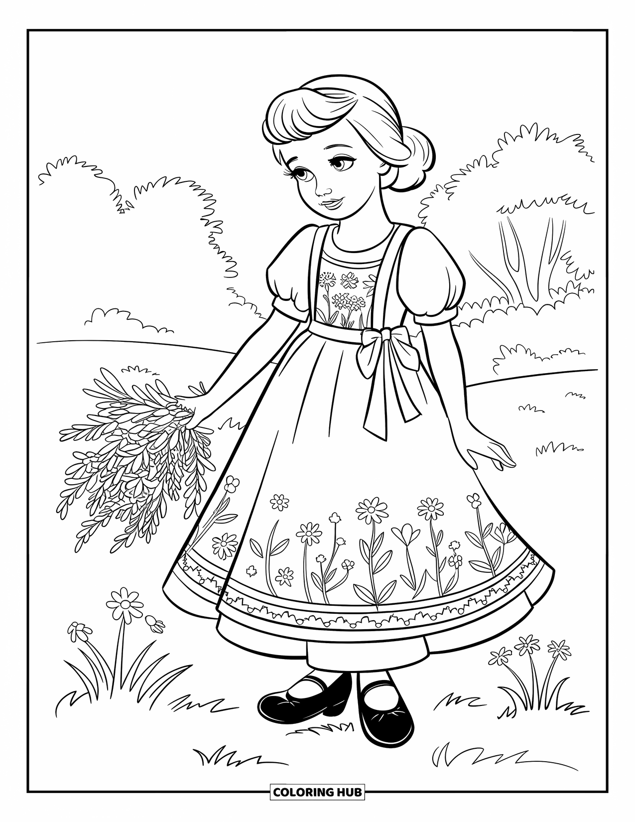 Kolorowanka z sukienką w stylu fashion dla dzieci: Dziewczynka w sukience preriowej z bufiastymi rękawami stoi uśmiechnięta wśród polnych kwiatów