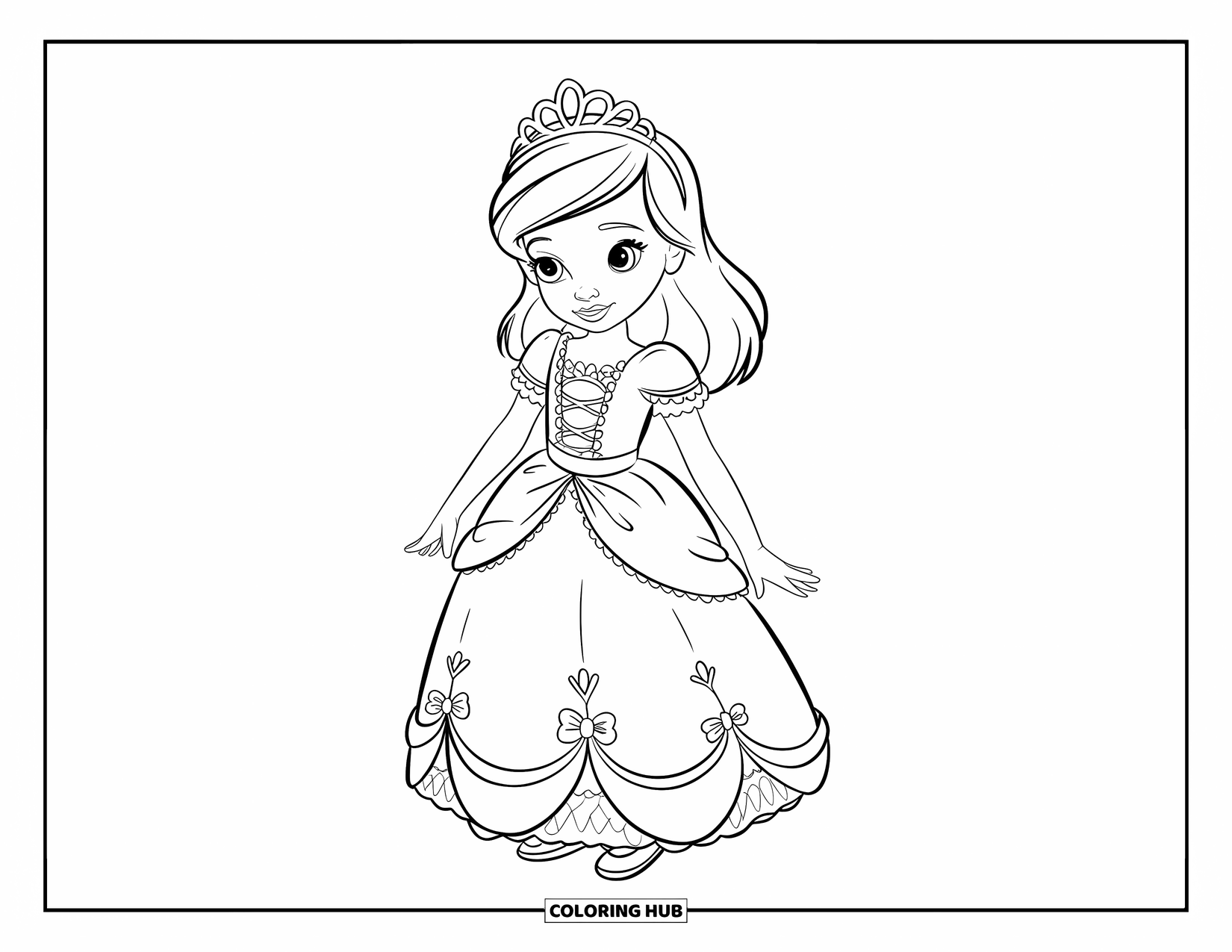 Kolorowanka z sukienką w stylu fashion dla dzieci: Dziewczynka w sukience księżniczki i tiarze stoi prosto z prostym tłem