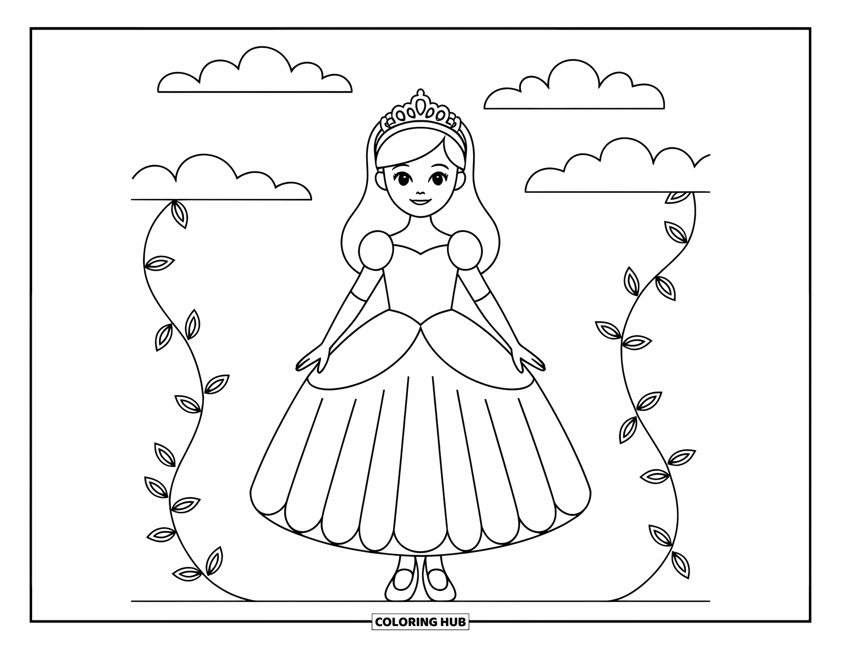Kolorowanka z sukienką w stylu fashion dla dzieci: Dziewczynka w sukience księżniczki z tiarą stoi z chmurami i pnączami za nią