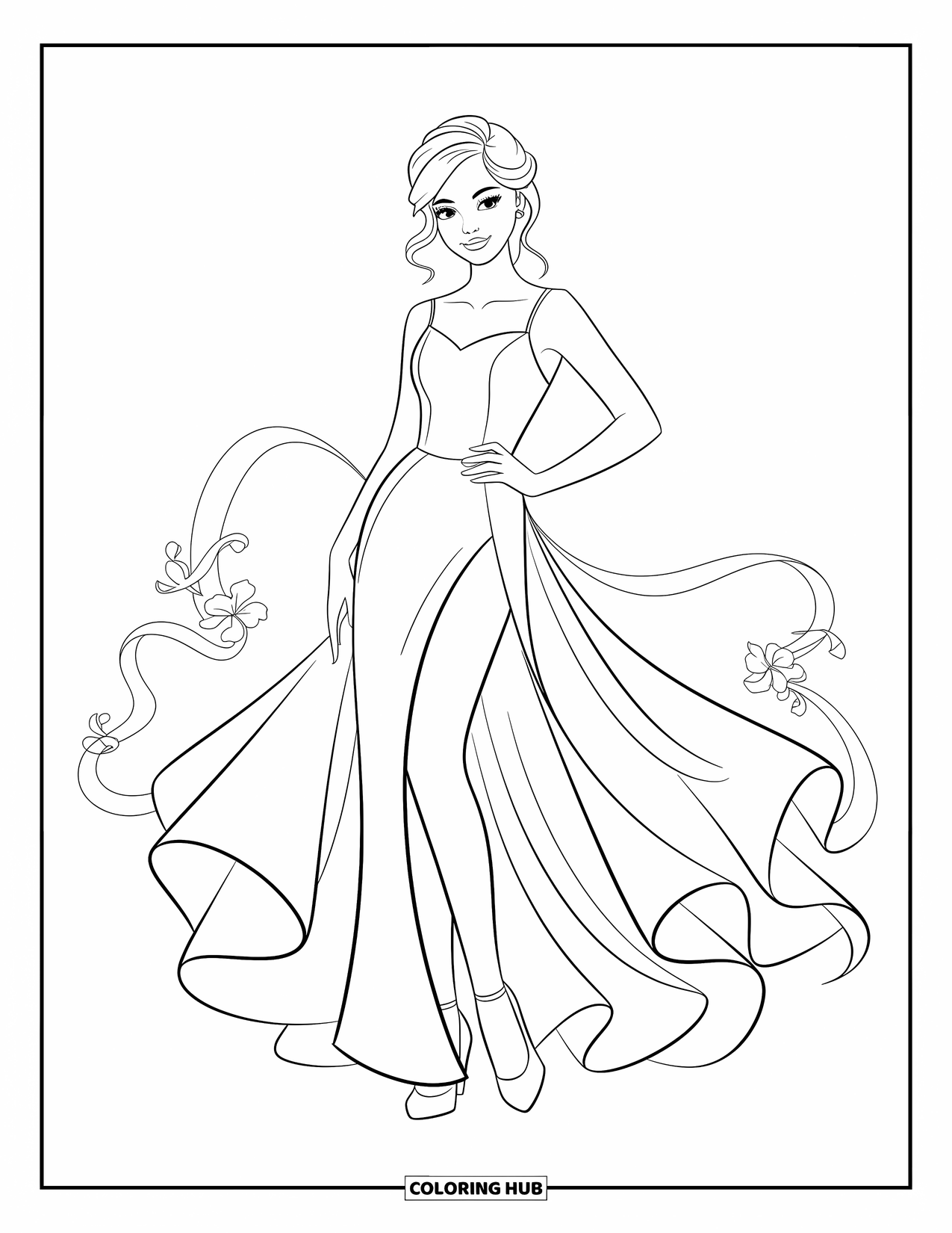 Kolorowanka z sukienką dla dzieci: Dziewczynka w sukni balowej stoi pod żyrandolami w sali balowej ze schodami