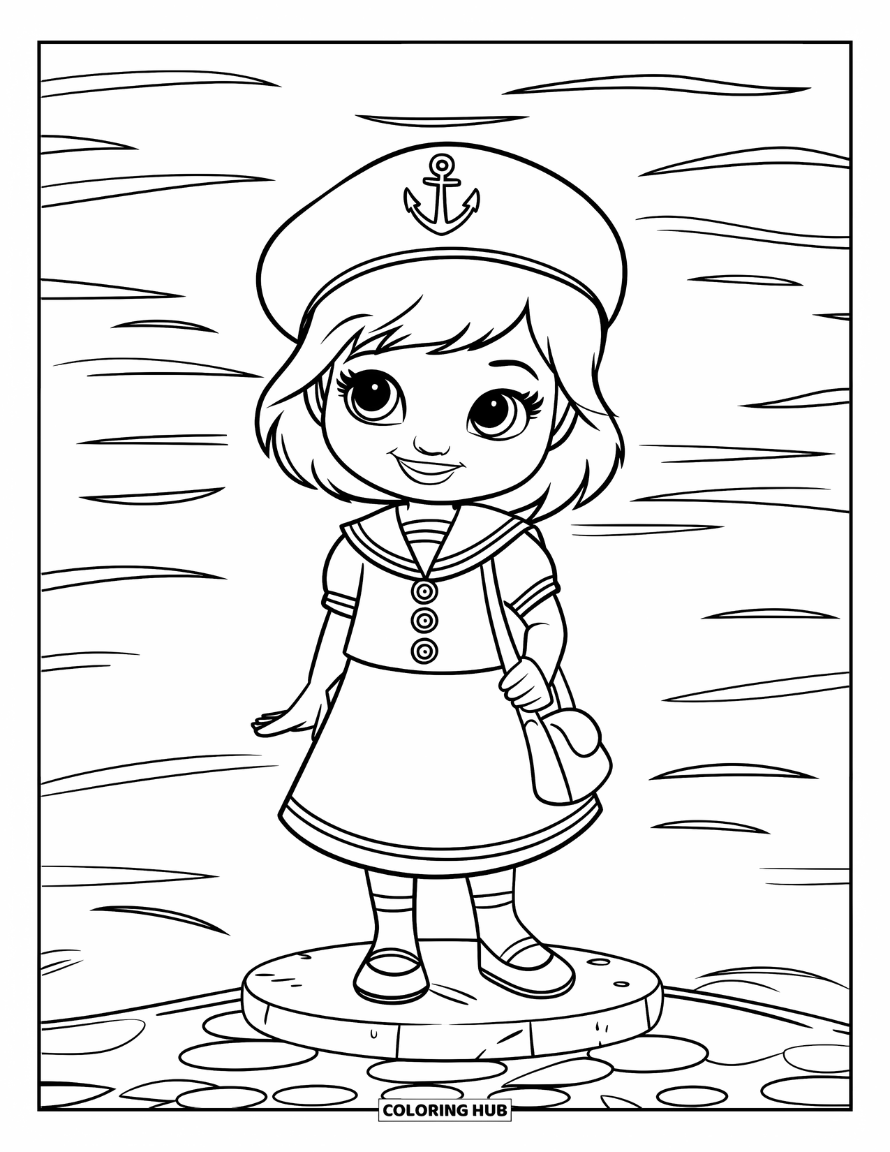 Kolorowanka z sukienką dla dzieci: Dziewczynka w sukience marynarskiej z emblematem kotwicy stoi obok fal i wody