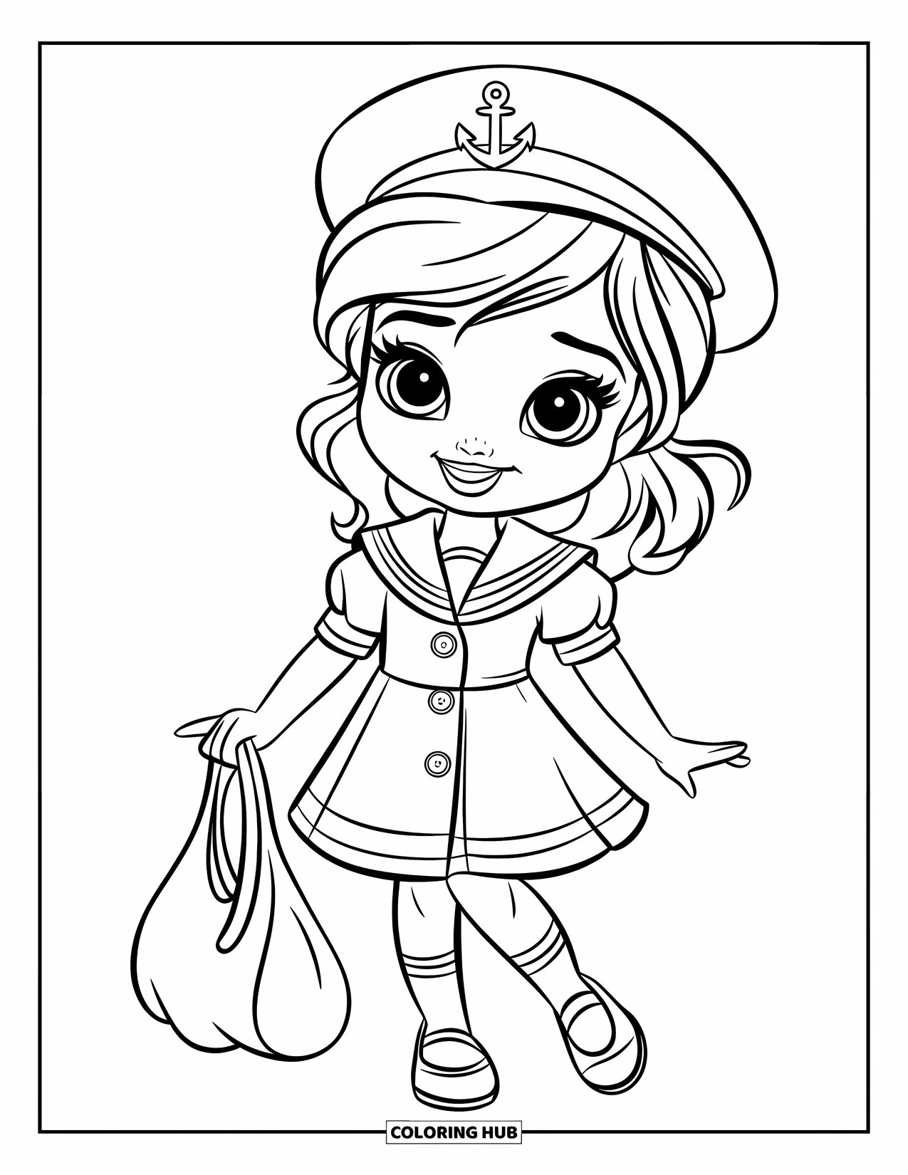 Kolorowanka z sukienką dla dzieci: Dziewczynka w sukience marynarskiej z kotwicą stoi uśmiechnięta z prostą torbą