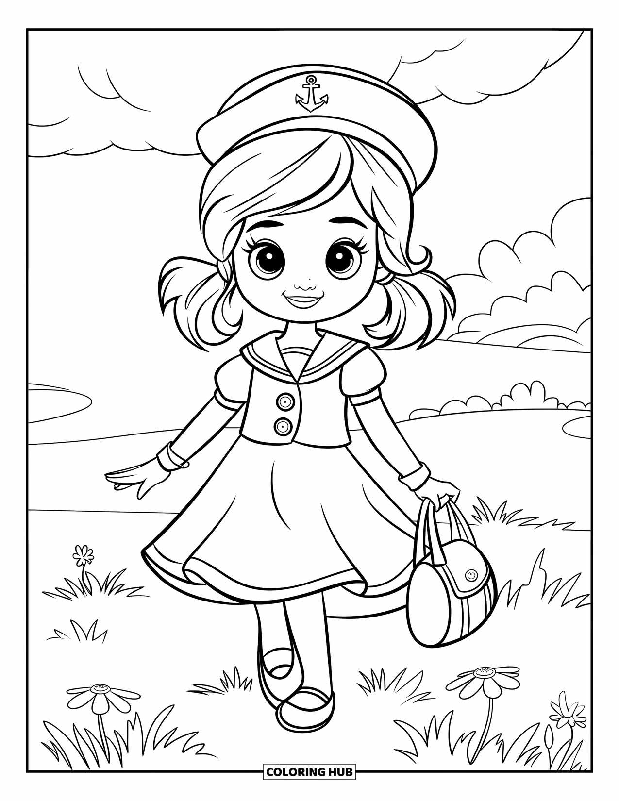 Kolorowanka z sukienką dla dzieci: Dziewczynka w sukience marynarskiej z guzikami i kotwicą uśmiecha się radośnie