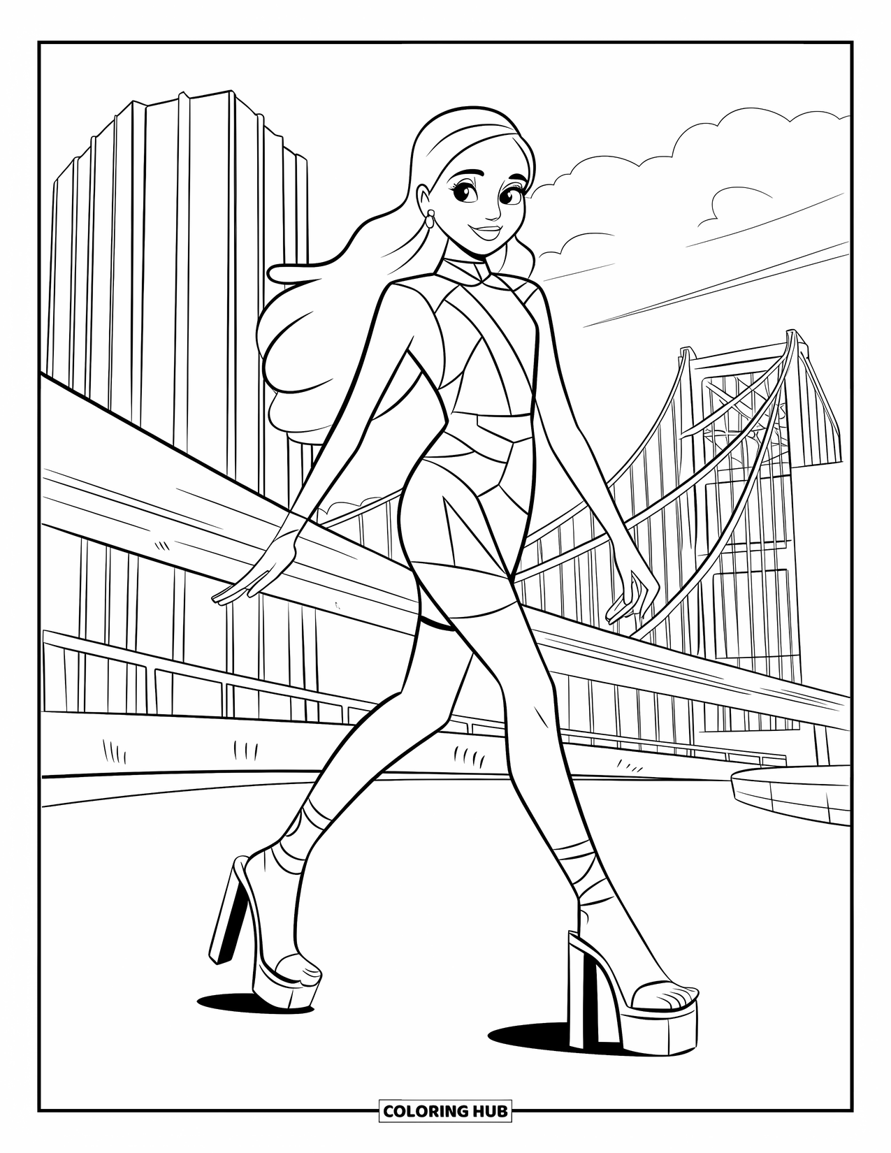 Kolorowanka z sukienką w stylu fashion dla dzieci: Dziewczynka w eleganckiej sukience z wycięciami idzie pewnie ulicą miasta