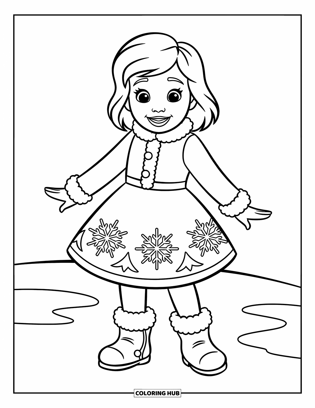 Kolorowanka z sukienką dla dzieci: Dziewczynka w sukience w płatki śniegu i ciepłych butach uśmiecha się radośnie w śnieżnym krajobrazie