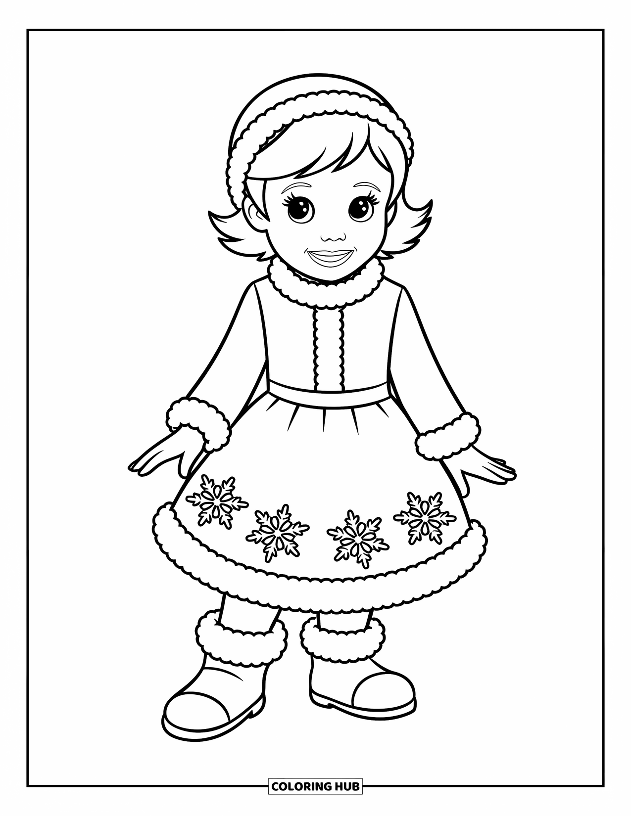 Kolorowanka z sukienką w stylu fashion dla dzieci: Dziewczynka w sukience w płatki śniegu i ciepłych butach stoi radośnie na śnieżnej ziemi