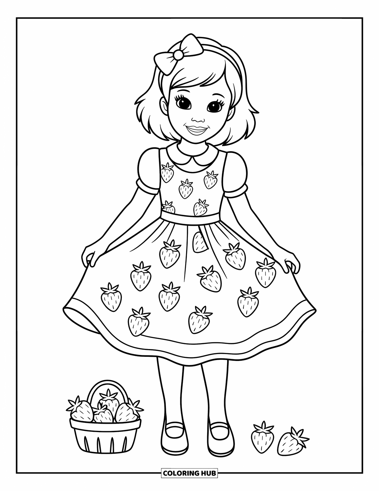 Kolorowanka z sukienką w stylu fashion dla dzieci: Dziewczynka w sukience z motywem truskawek stoi radośnie na trawiastym polu
