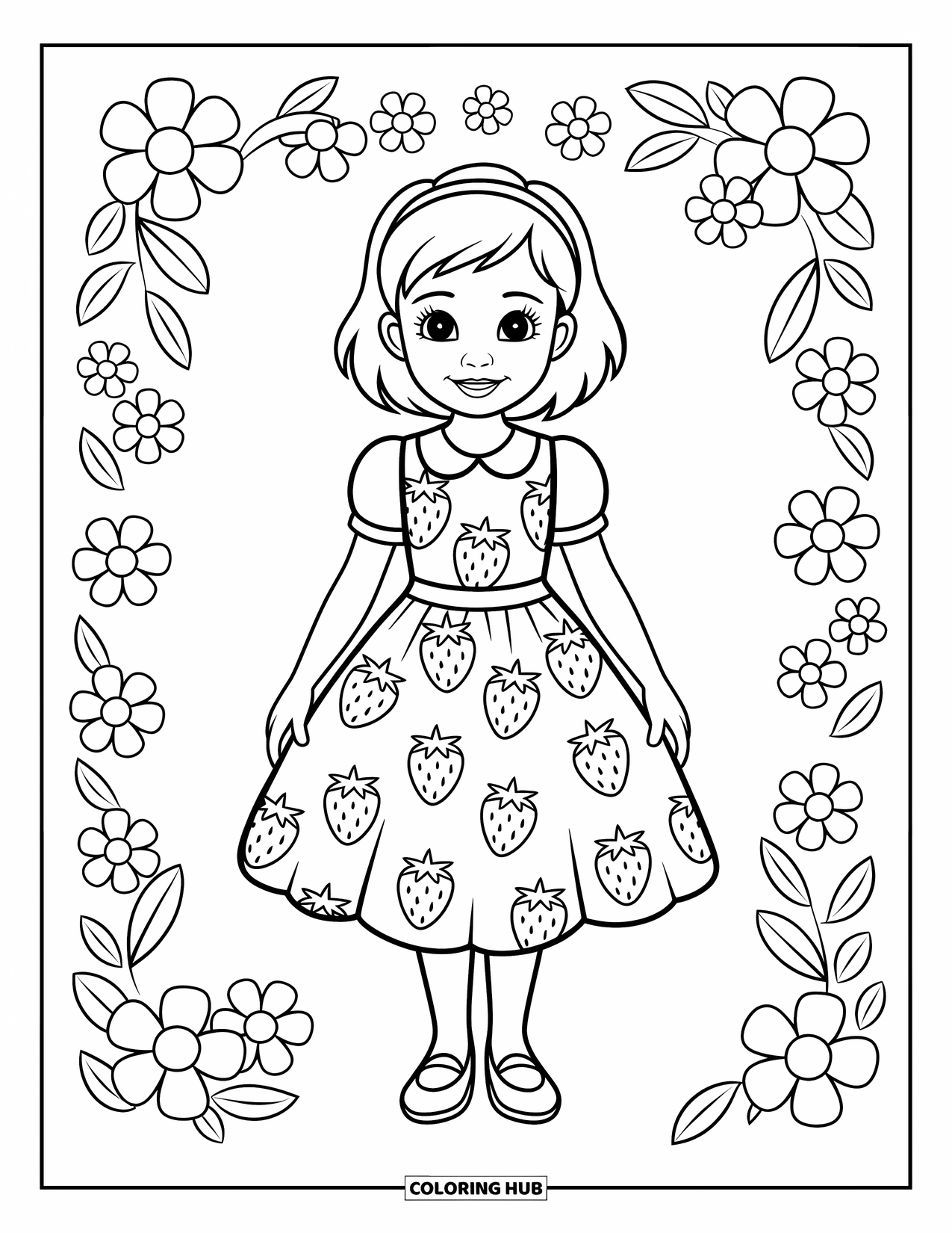 Kolorowanka z sukienką dla dzieci: Dziewczynka w truskawkowej sukience typu pinafore stoi uśmiechnięta na prostym białym tle
