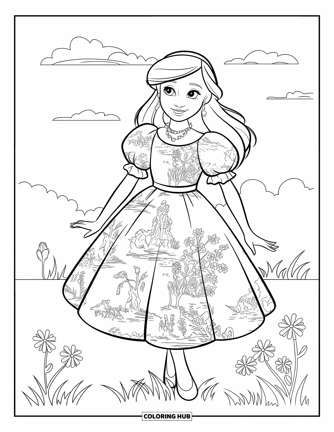 Kolorowanka z sukienką dla dzieci: Dziewczynka w sukience do połowy łydki z bufiastymi rękawami stoi na trawiastym polu