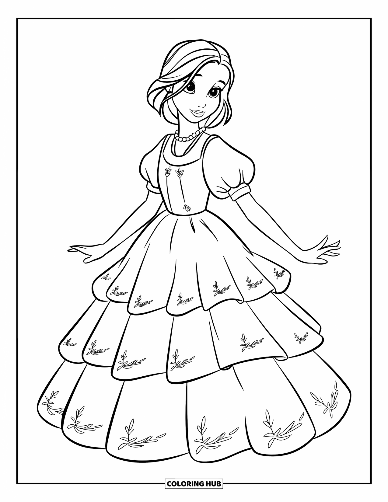 Kolorowanka z sukienką w stylu fashion dla dzieci: Dziewczynka w sukience warstwowej z bufiastymi rękawami uśmiecha się z zamkniętymi oczami