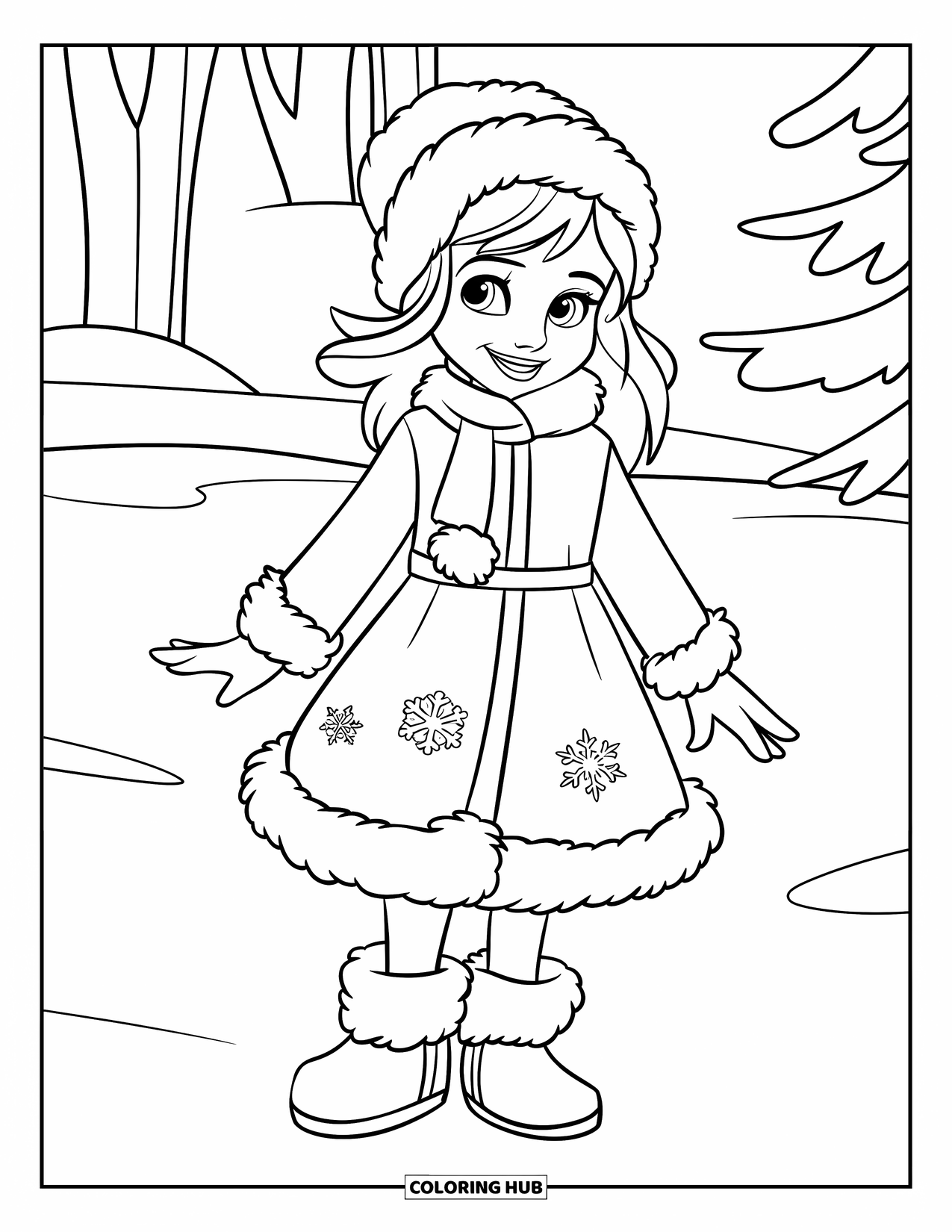 Kolorowanka z sukienką dla dzieci: Dziewczynka w zimowej sukience z płatkami śniegu i butami stoi na śnieżnej ziemi