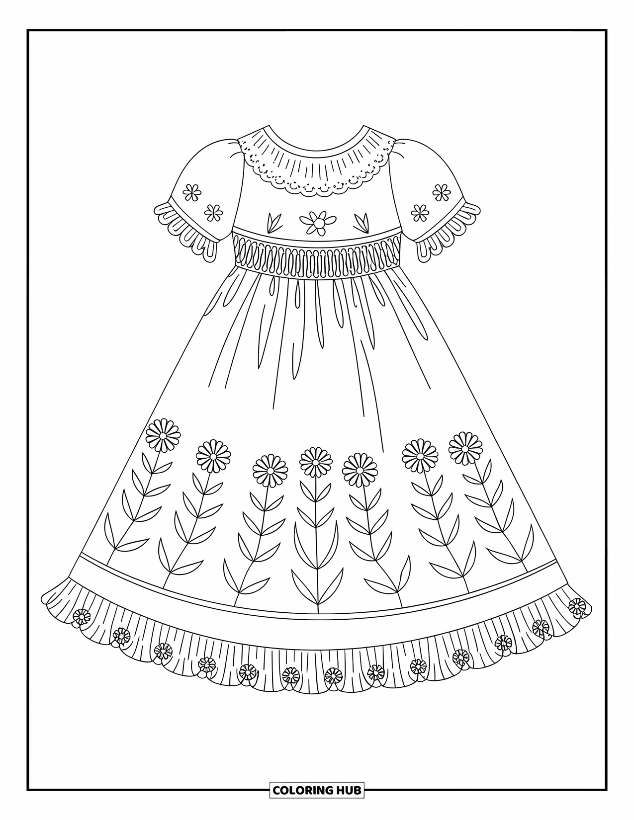 Kolorowanka z sukienką w stylu fashion dla dzieci: Sukienka z koronkowymi wykończeniami i detalami smockingowymi zwisa z gracją