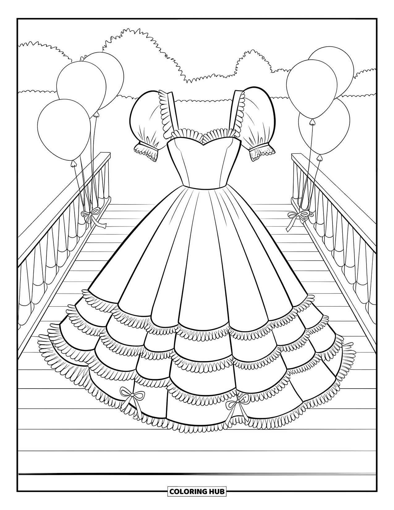 Kolorowanka z sukienką w stylu fashion dla dzieci: Sukienka z falbankami i koronkowymi wykończeniami błyszczy na drewnianym wybiegu