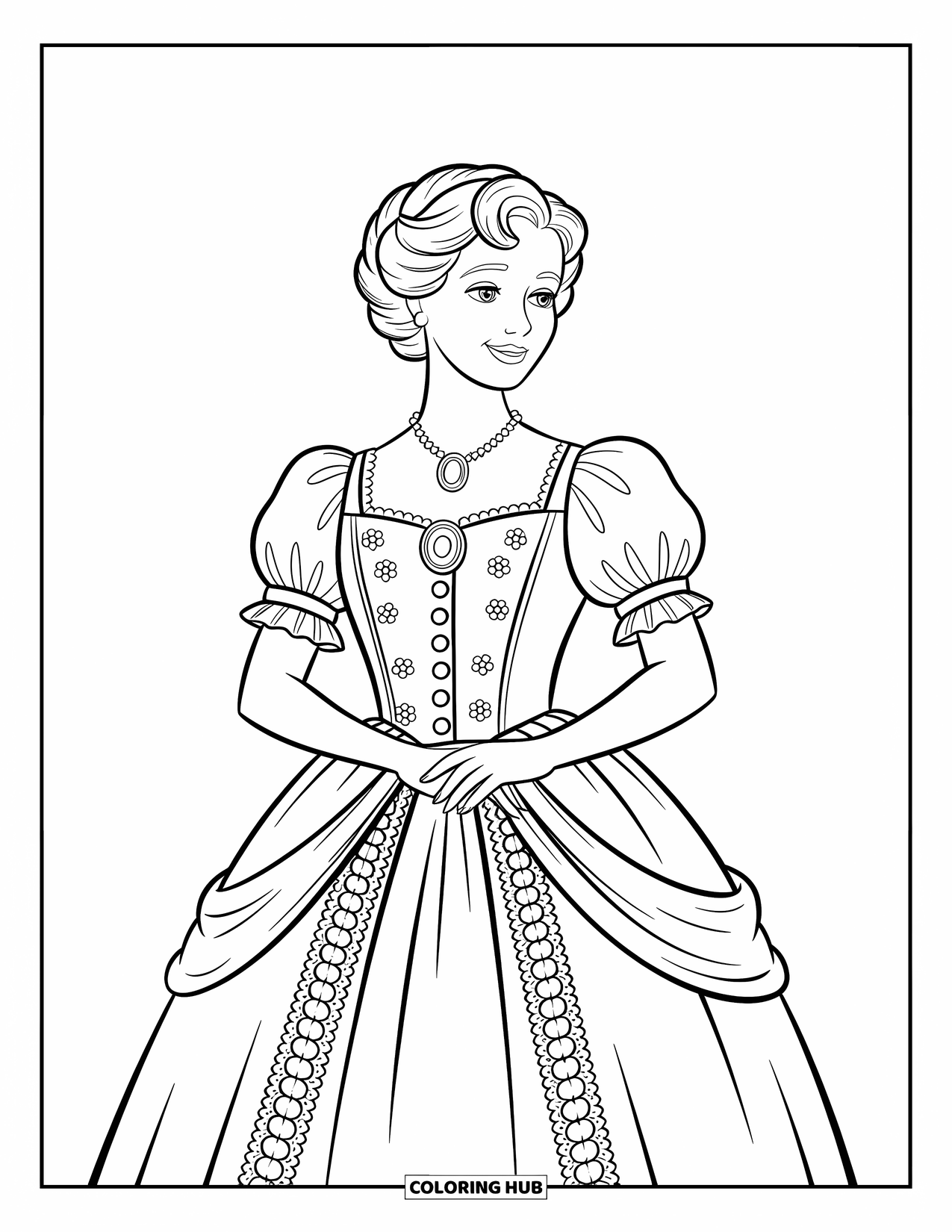 Kolorowanka z sukienką w stylu fashion dla dzieci: Wiktoriańska sukienka z koronkowymi wykończeniami i guzikami stoi z gracją na białym tle