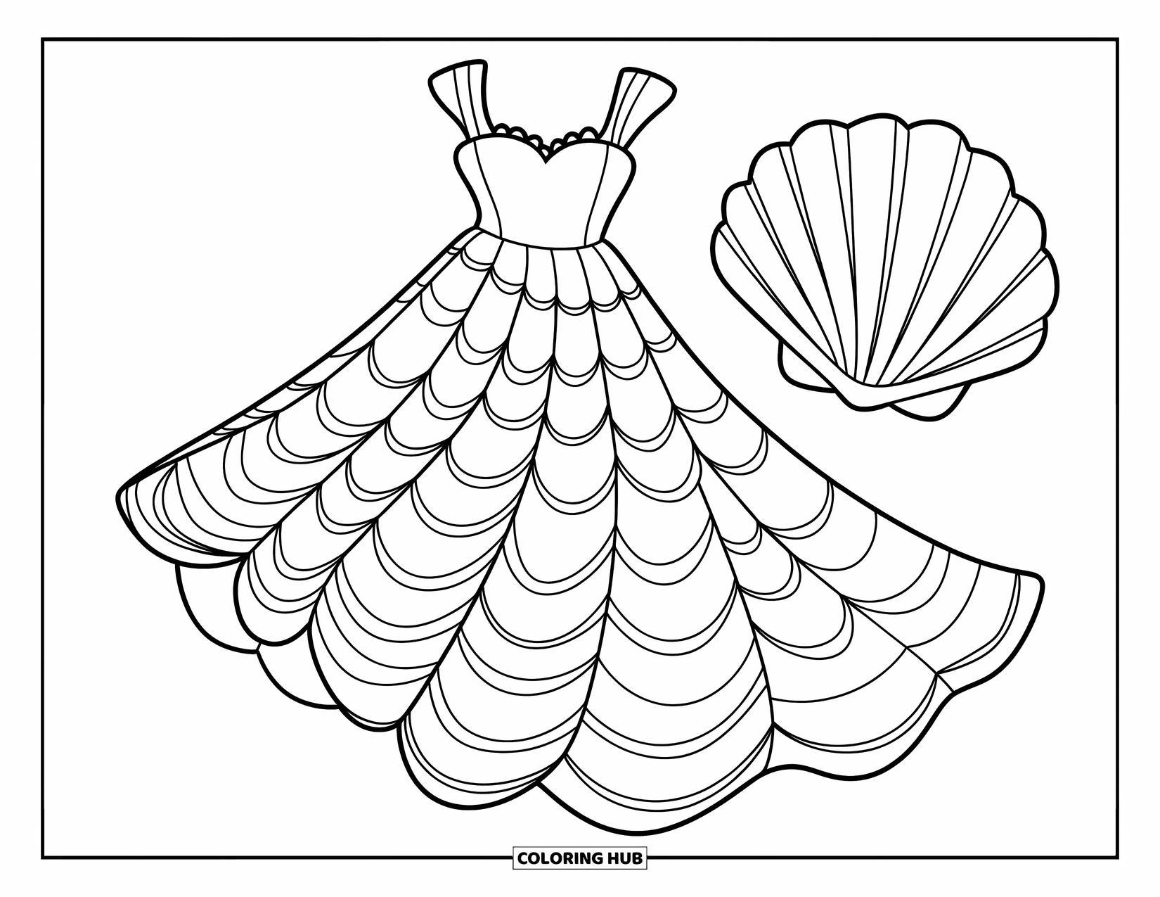 Kolorowanka z sukienką w stylu fashion dla dzieci: Sukienka syreny z wzorami muszelek i muszlą stoi na białym tle