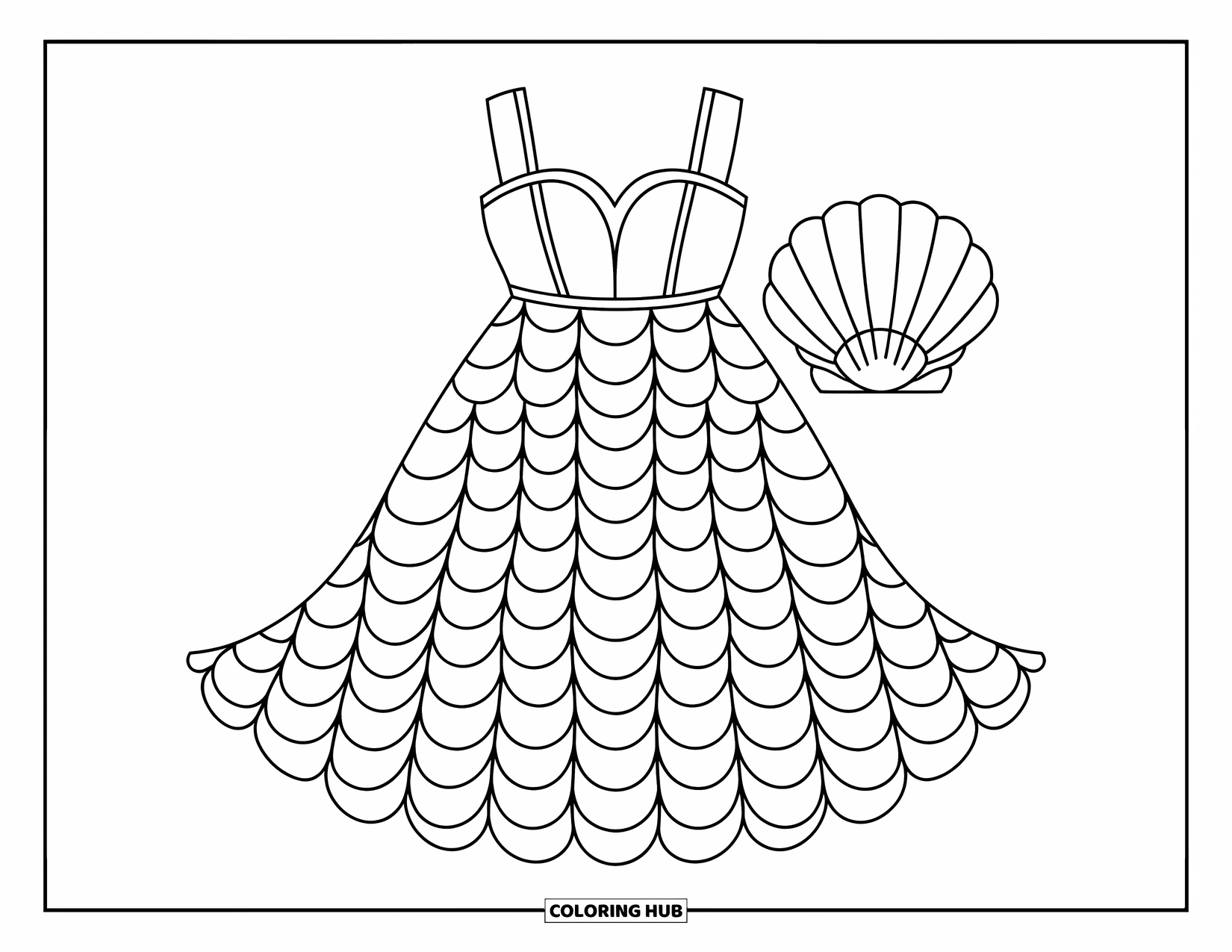 Kolorowanka z sukienką w stylu fashion dla dzieci: Sukienka syreny z wzorami muszelek stoi obok spiralnej muszli