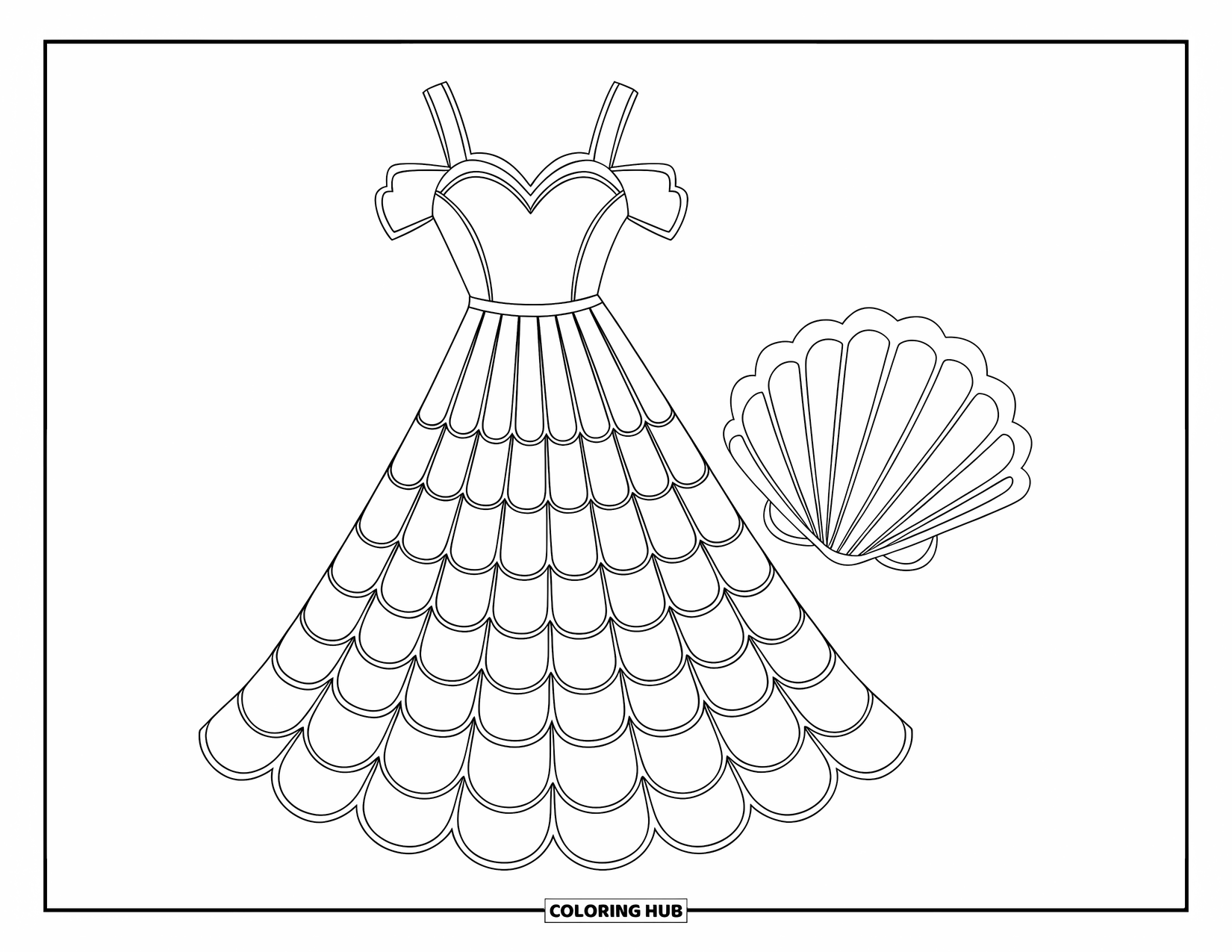 Kolorowanka z sukienką w stylu fashion dla dzieci: Sukienka o tematyce syreny z muszelką siedzi na czystym tle