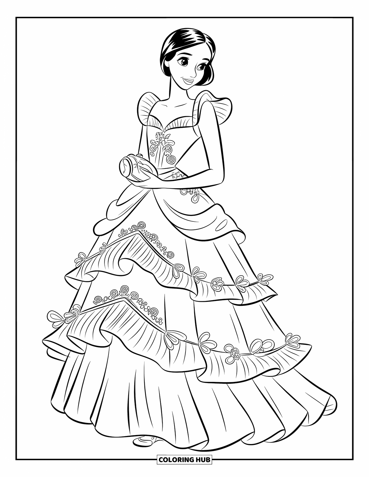 Kolorowanka z sukienką w stylu fashion dla dzieci: Modelka w kwiecistej sukience z falbankami trzyma elegancko kopertówkę